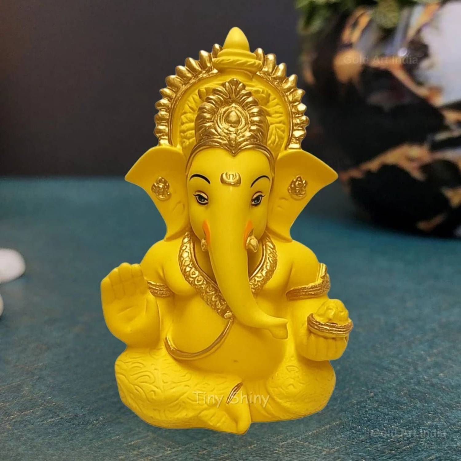 Tiny Shiny Ganesha Ji Idol Statue for Car Dashboard Idol Home Decor Decorative Showpiece - 9 cm