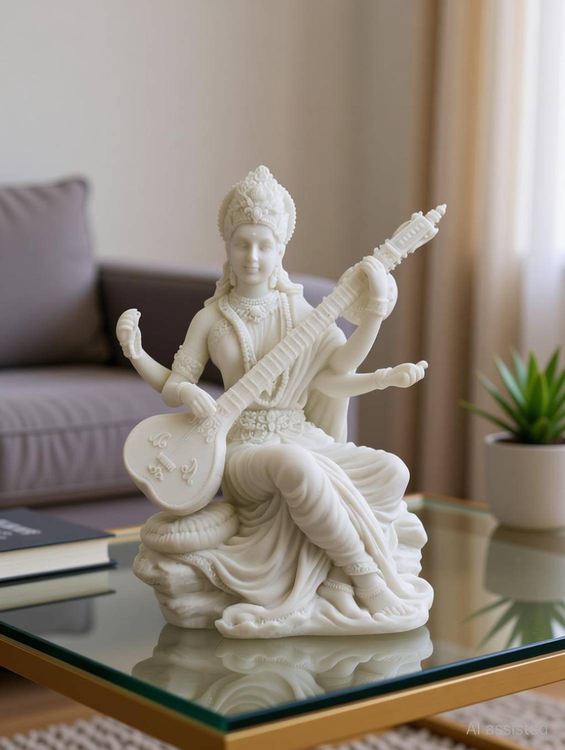 avenew Marble Dust Saraswati Idol white for Home Puja I Veena I Sarasvati Decorative Showpiece  -  18.3 cm