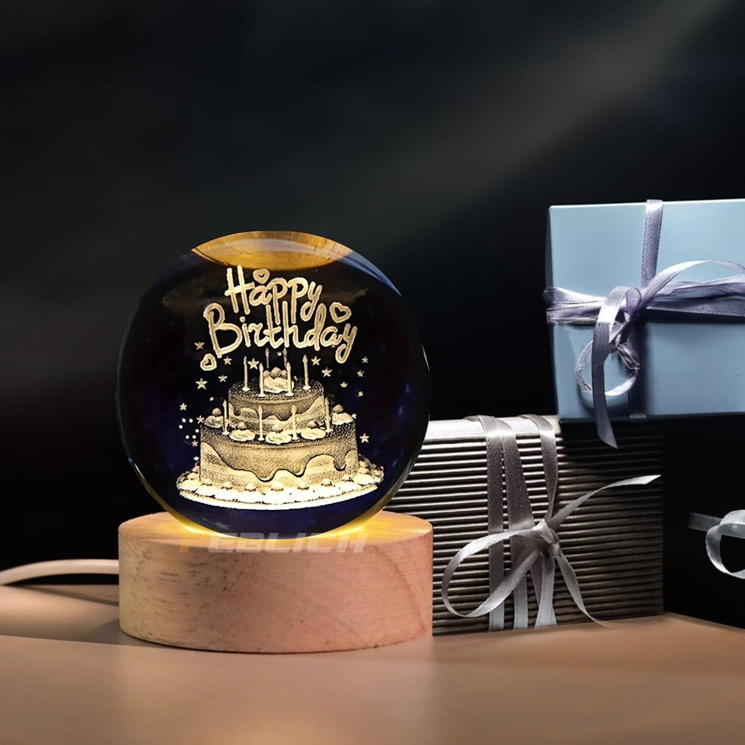 Image of KASHTHBHANJAN 3D Crystal Happy Birthday Lamp Decorative Showpiece Decorative Showpiece - 7 cm