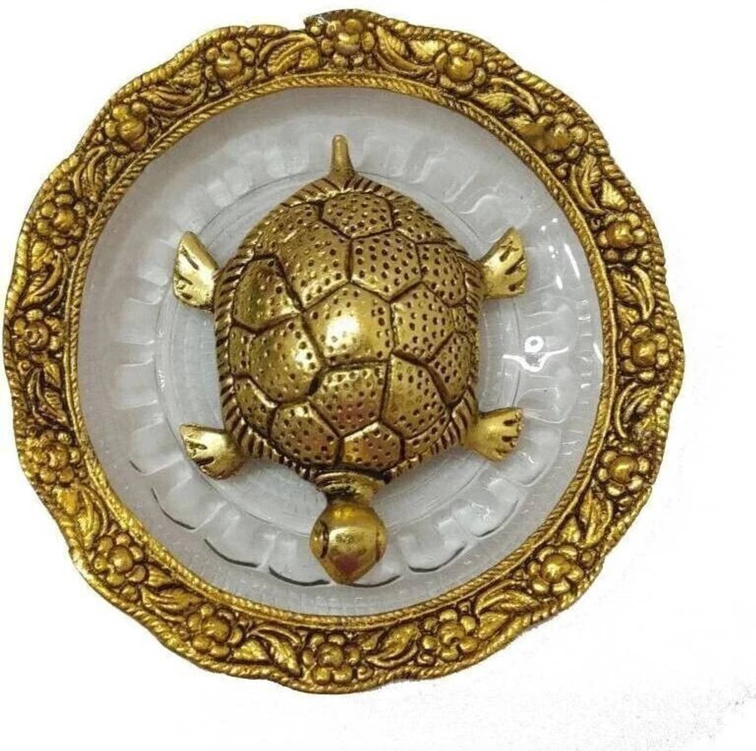 BHM Collection Golden Metal Tortoise on Glass Plate For Good Luck Feng shui Gift Item Decorative Showpiece - 15 cm