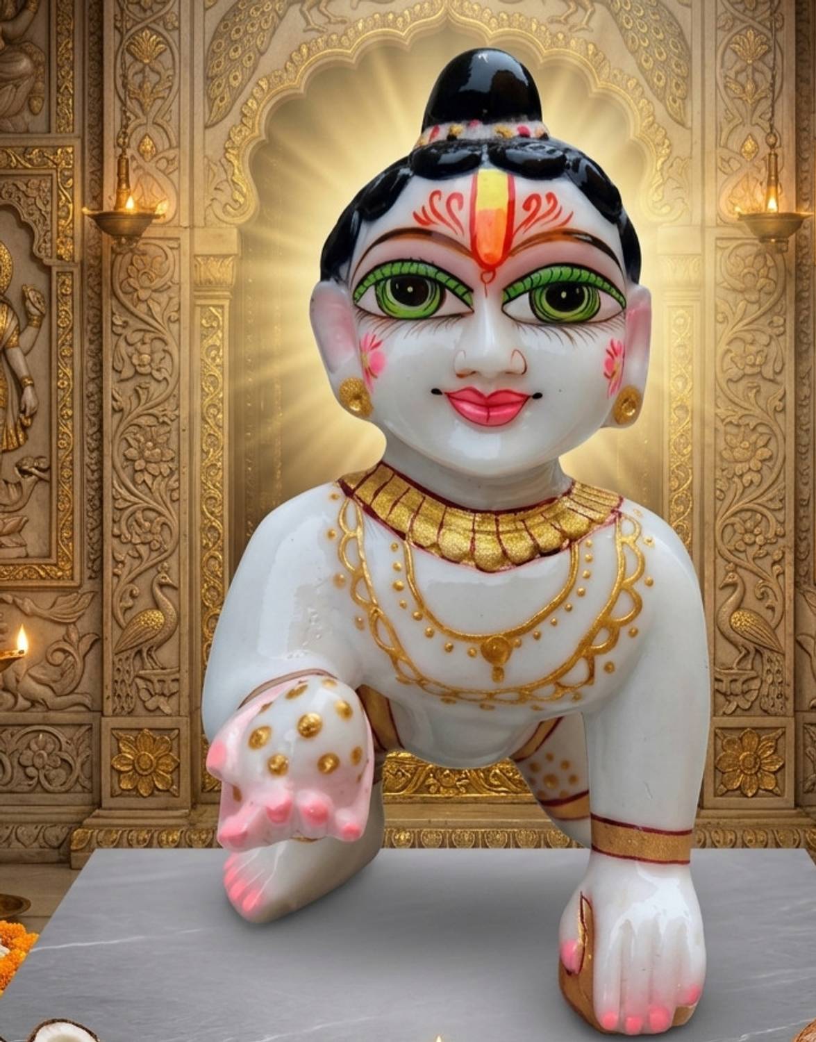 RAHI CREATION Laddu Gopal Idol/Bal Gopal/Thakur Ji White Marble ( with Golden Perk ))Murti Decorative Showpiece  -  15 cm