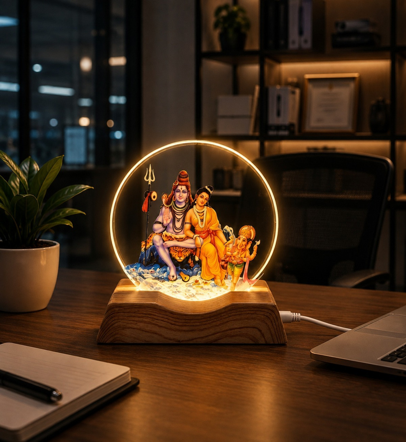 Image of shukaam 3D Shiva Parvati Ganesha LED Crystal Lamp | Mahadev Shiv Parivar Decorative Showpiece - 8 cm
