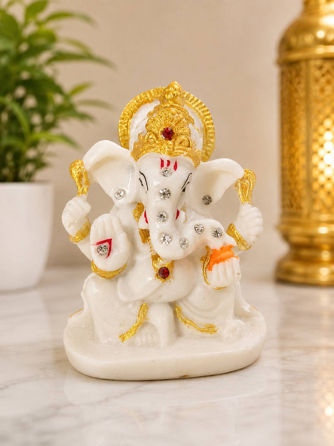 BNSW White Golden Ganesha Ido Decorative Showpiece  -  8 cm