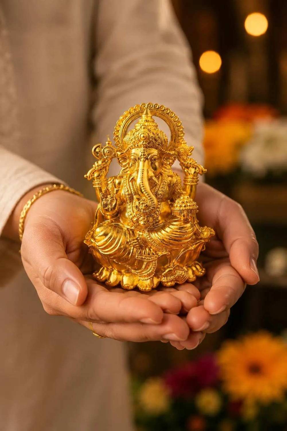 Pureandco Brass Lord Ganesha Idol for Home Temple & Decor | 4 Inch Ganpati Murti Decorative Showpiece - 4 cm