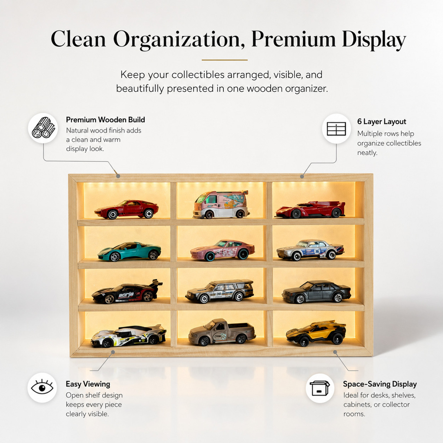 Image of Fancy Things LED Wooden 12 Slot Diecast Display Shelf with 12 Cars (Hot Wheels Compatible) Decorative Showpiece - 26 cm