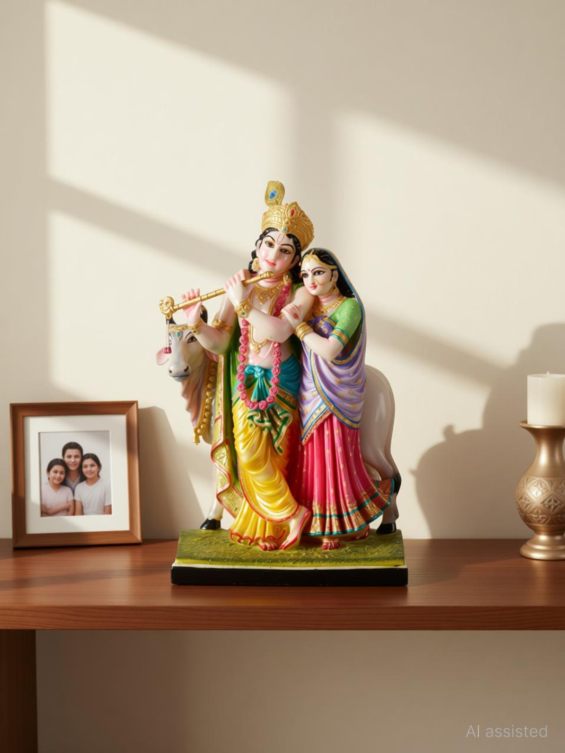 Image of Gifts 'N' Greetings Home Decor Polyresin Radha Krishna With Cow Show Piece Decorative Showpiece - 40 cm
