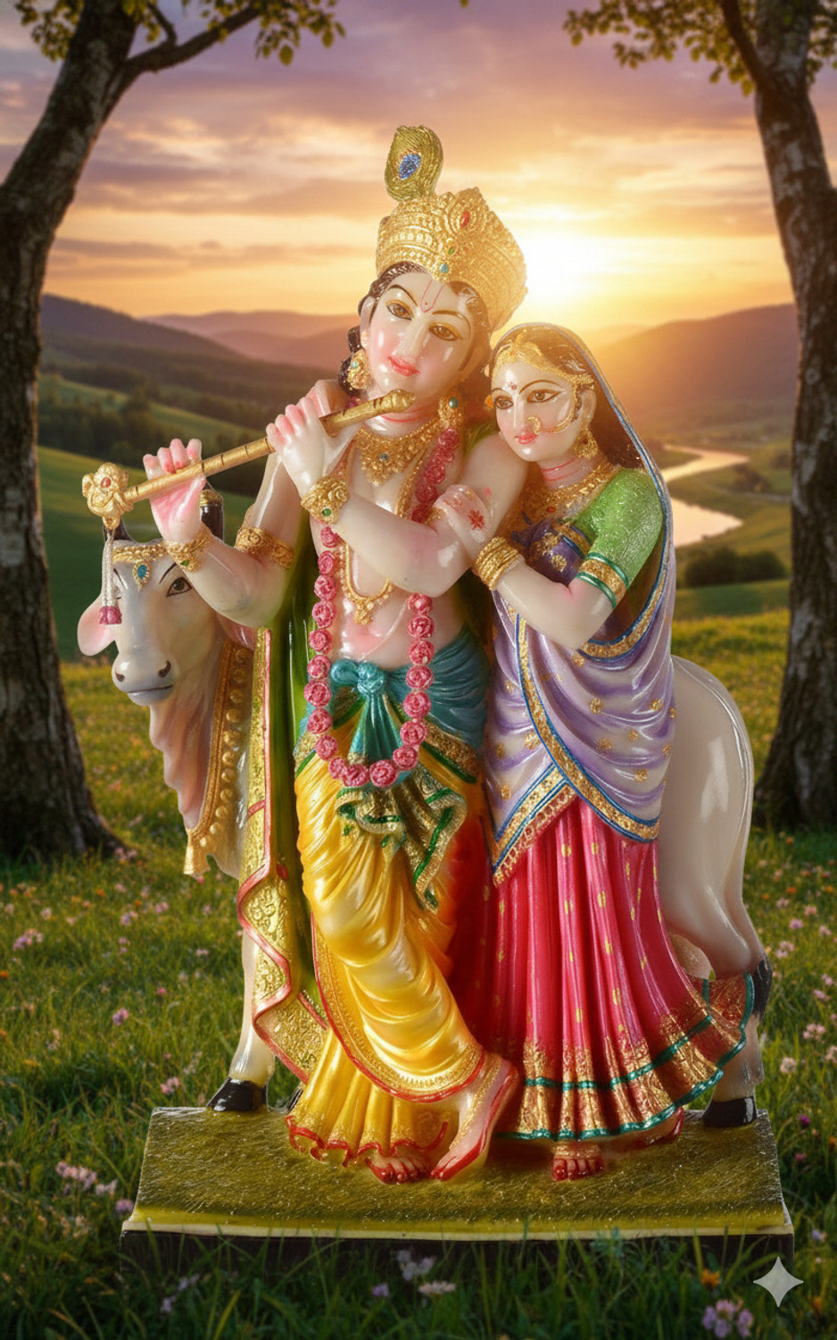 Image of Gifts 'N' Greetings Home Decor Polyresin Radha Krishna With Cow Show Piece Decorative Showpiece - 40 cm