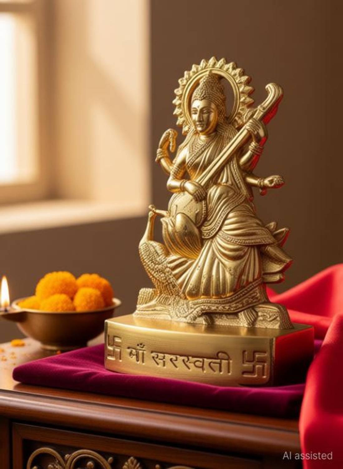 Shubstor Small maa Saraswati Vidya Devi Idol Metal Gold Plated Saraswati Decorative Showpiece  -  11 cm