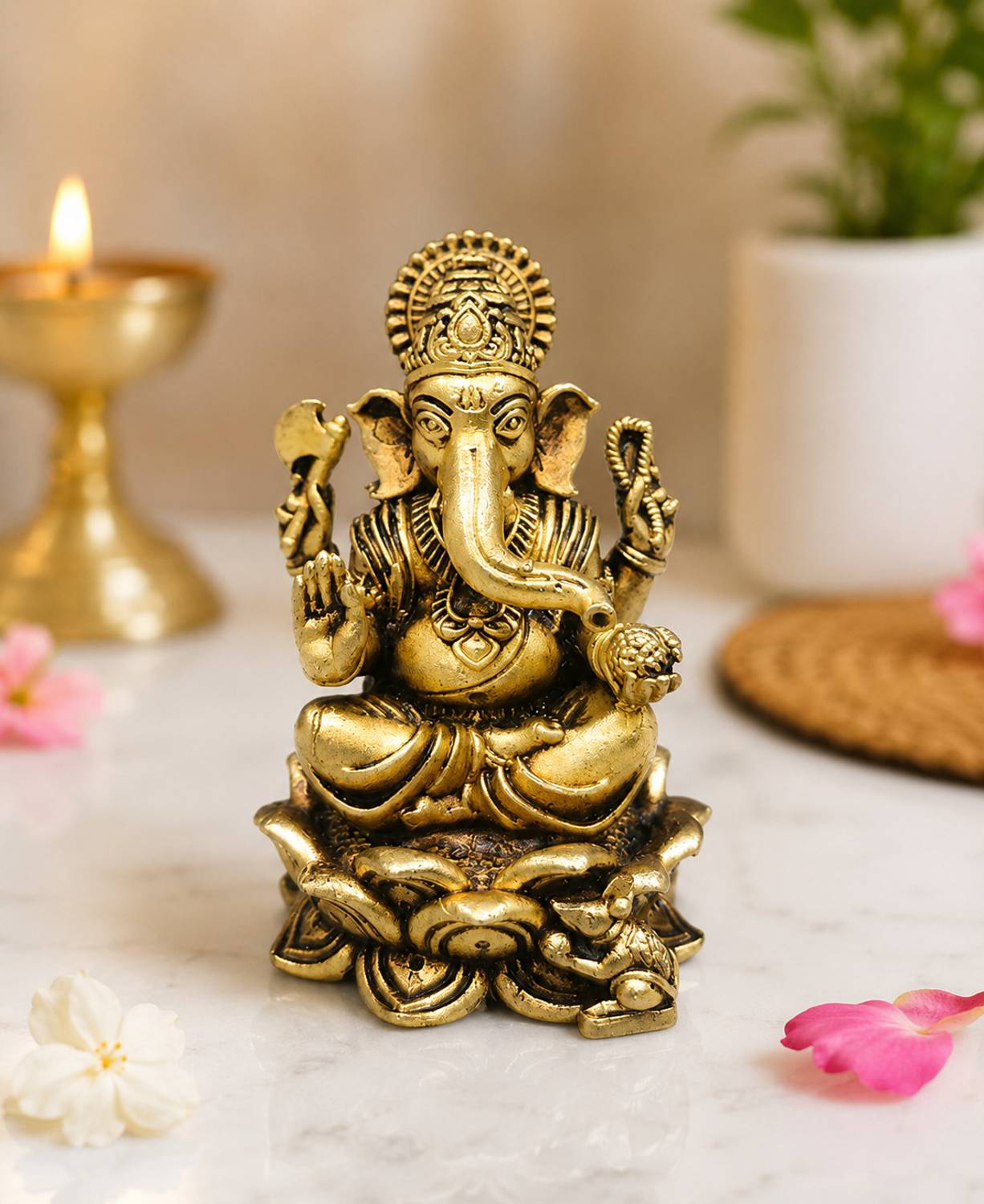 Brass Ganesh Idol Decorative Showpiece  -  5 cm