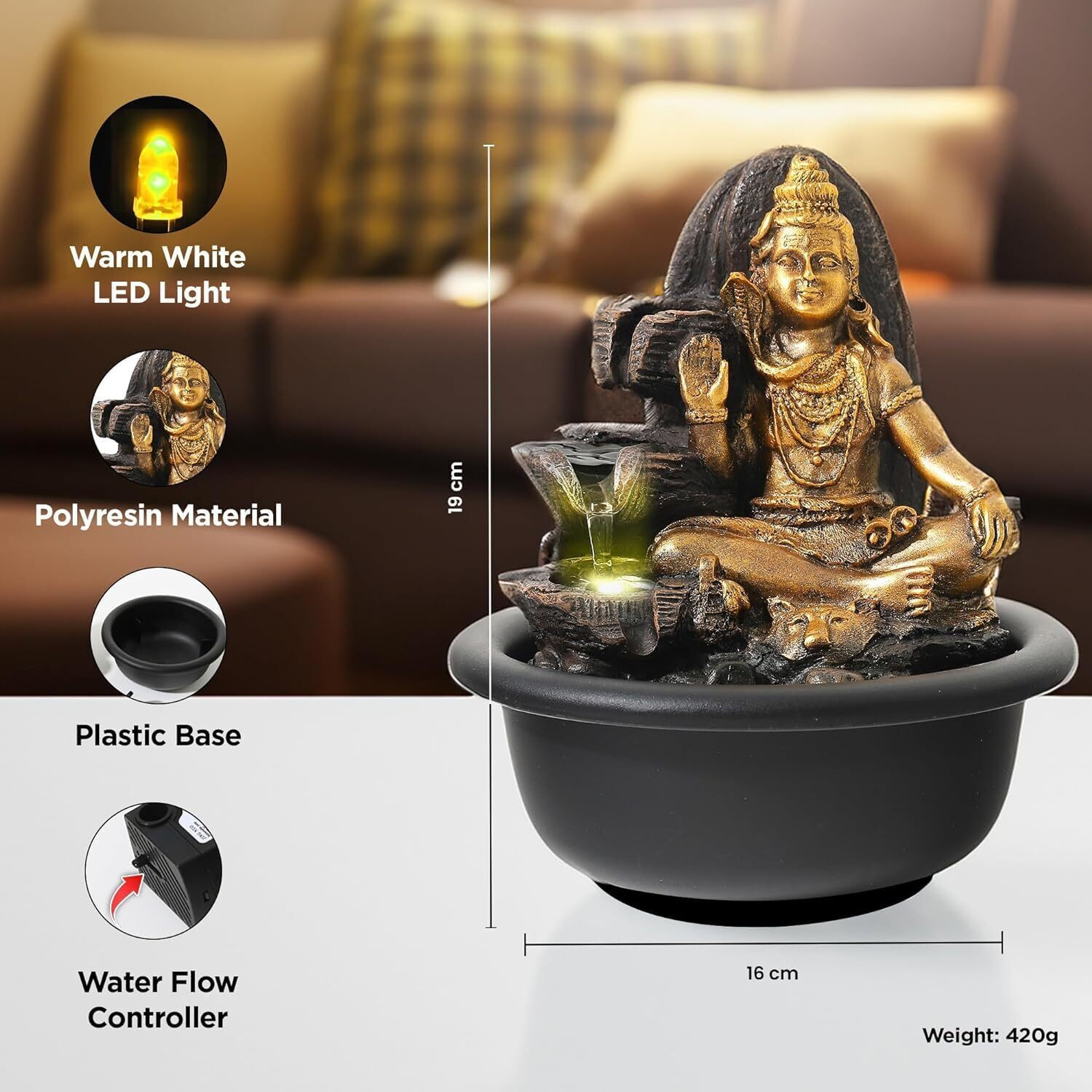 Image of The Better Home Shiva Water Fountain with LED Lights | Indoor Decor for Home, Office, Temple | Decorative Showpiece - 19 cm