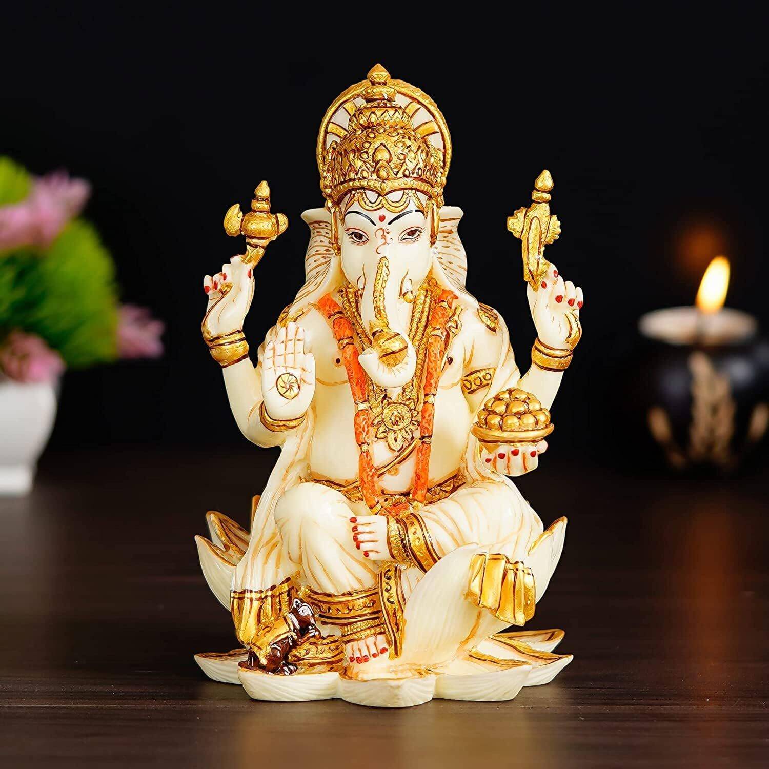 DREAM CRAFTER 7" Inch Lord Ganesha on Lotus Idol Statue Mushak Raj Decorative Showpiece - 17 cm