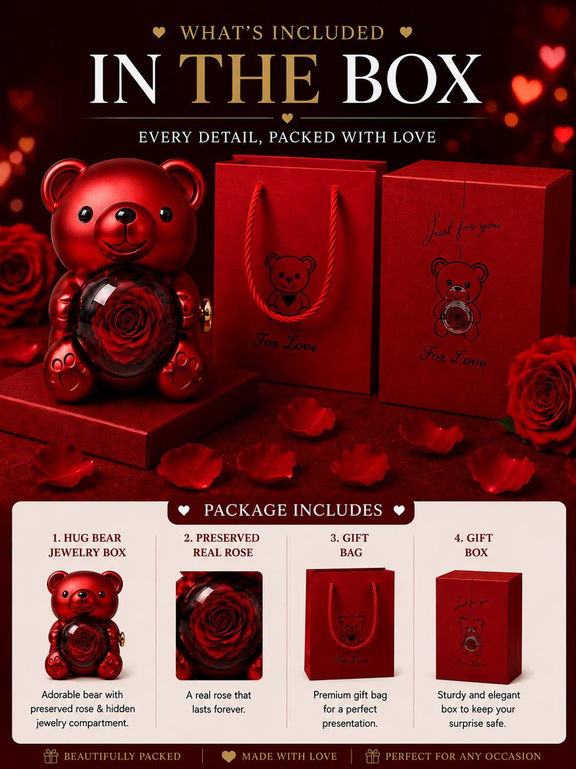 Gridcart Rose Bear Jewelry Box 14cm Red - Image 3