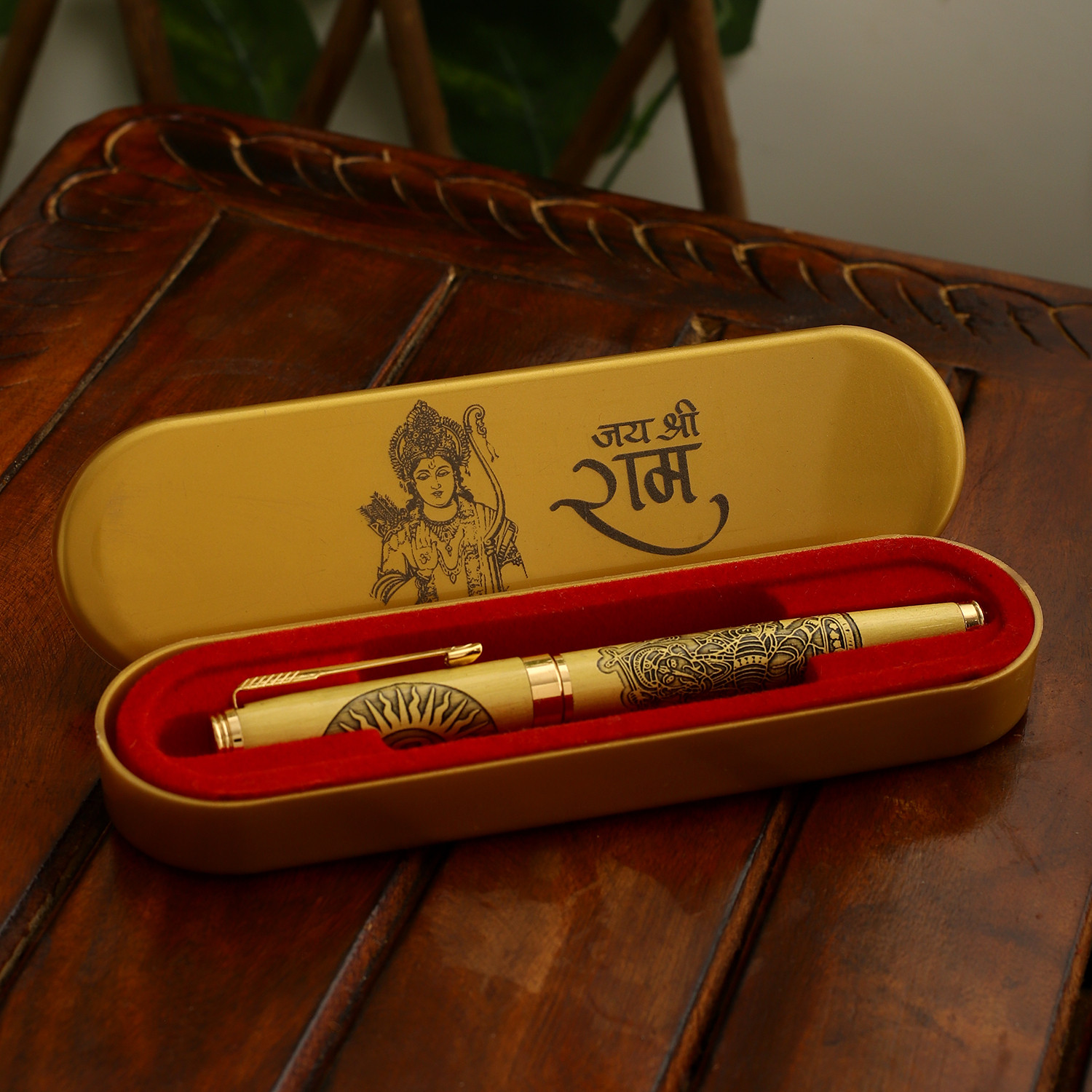 Image of INTERNATIONAL GIFT Gold Plated Jai Shree Ram Ayodhya Mandir Print Pen | For Gifting Item Decorative Showpiece - 17 cm