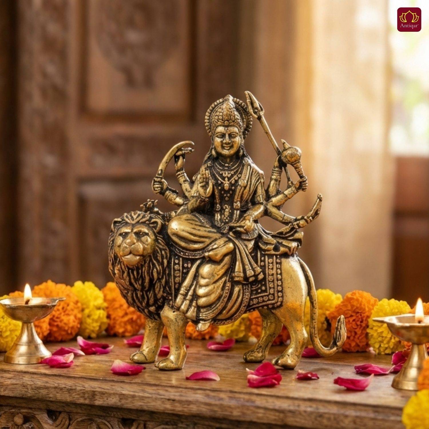 Antiqar Brass Sherawali Maa Idol | Sitting on Lion | Spiritual Idol for Temple & Home Decorative Showpiece - 7.5 cm