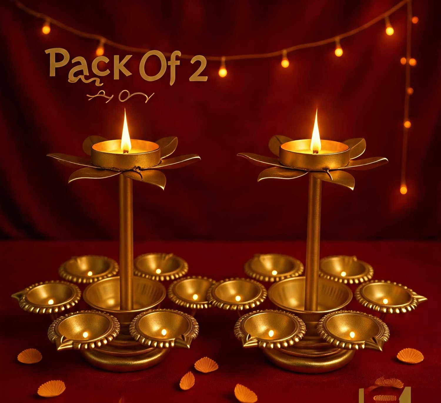 Image of GRADIENT ART Royal Gold Lotus Urli Diya Stand - 6 Pcs Diya Urli for Diwali Decoration Decorative Showpiece - 20 cm (Iron, Gold)
