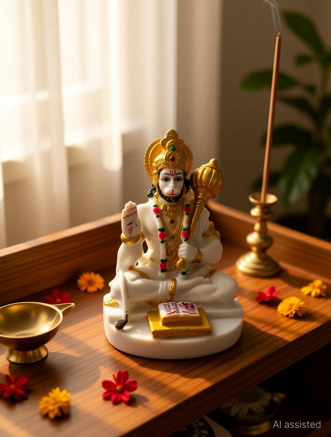AVG ARTISTRY Sitting Lord Hanuman Ji Idol Resin Marble Finish Bajrangbali Murti Home Temple Decorative Showpiece - 9 cm