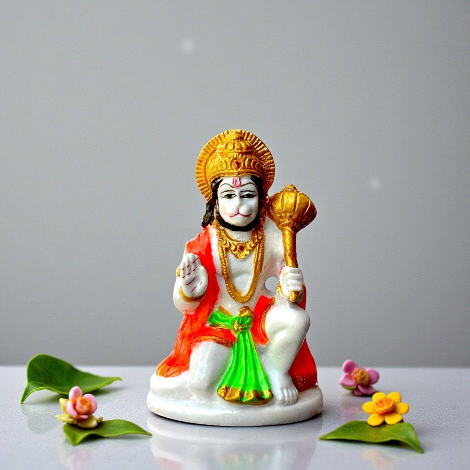 AVG ARTISTRY Sitting Lord Hanuman Ji Idol Multi-Color Resin Marble Finish Bajrangbali Statue Decorative Showpiece - 8 cm