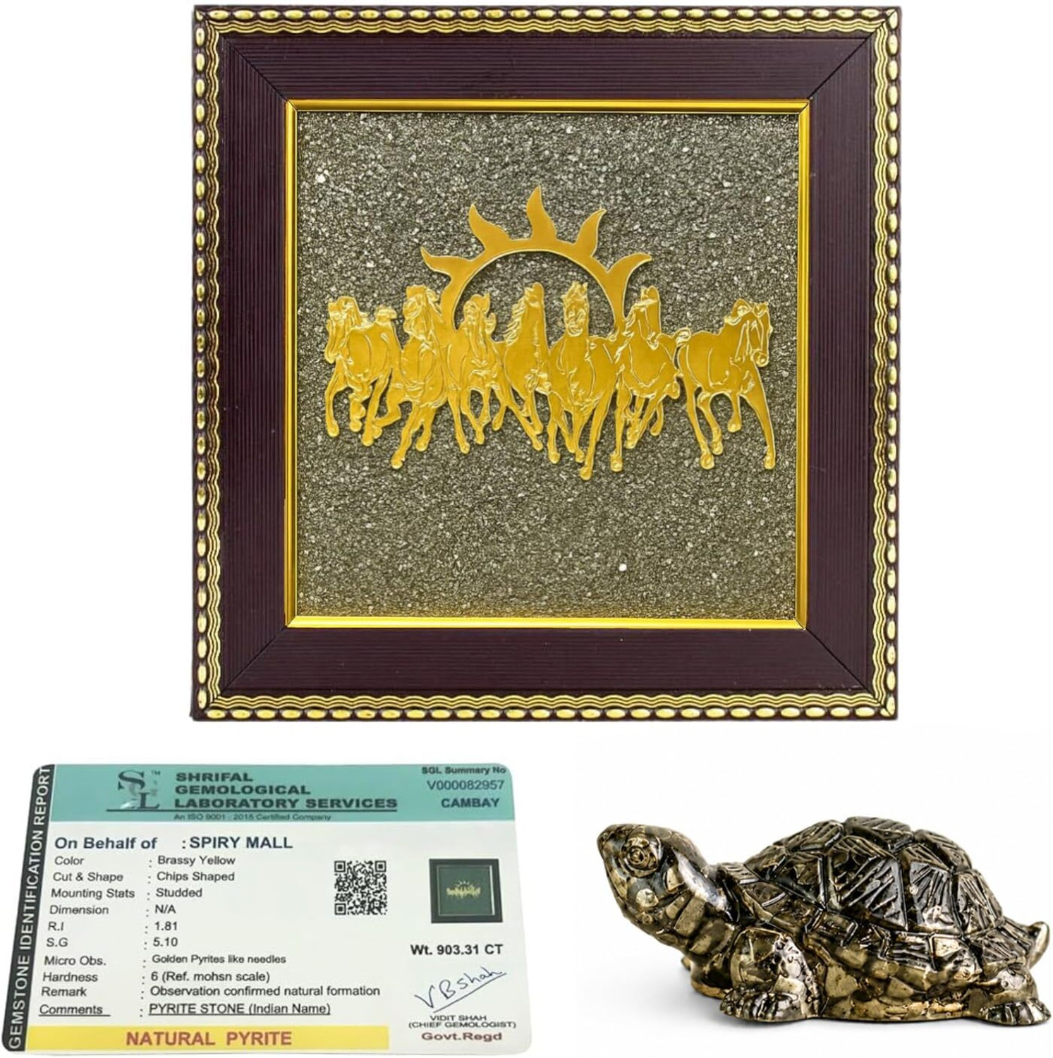 Image of Flaner 7 Horses On Raw Pyrite Frame With Pyrite Turtle for attract Money,Sucess Decorative Showpiece - 19 cm