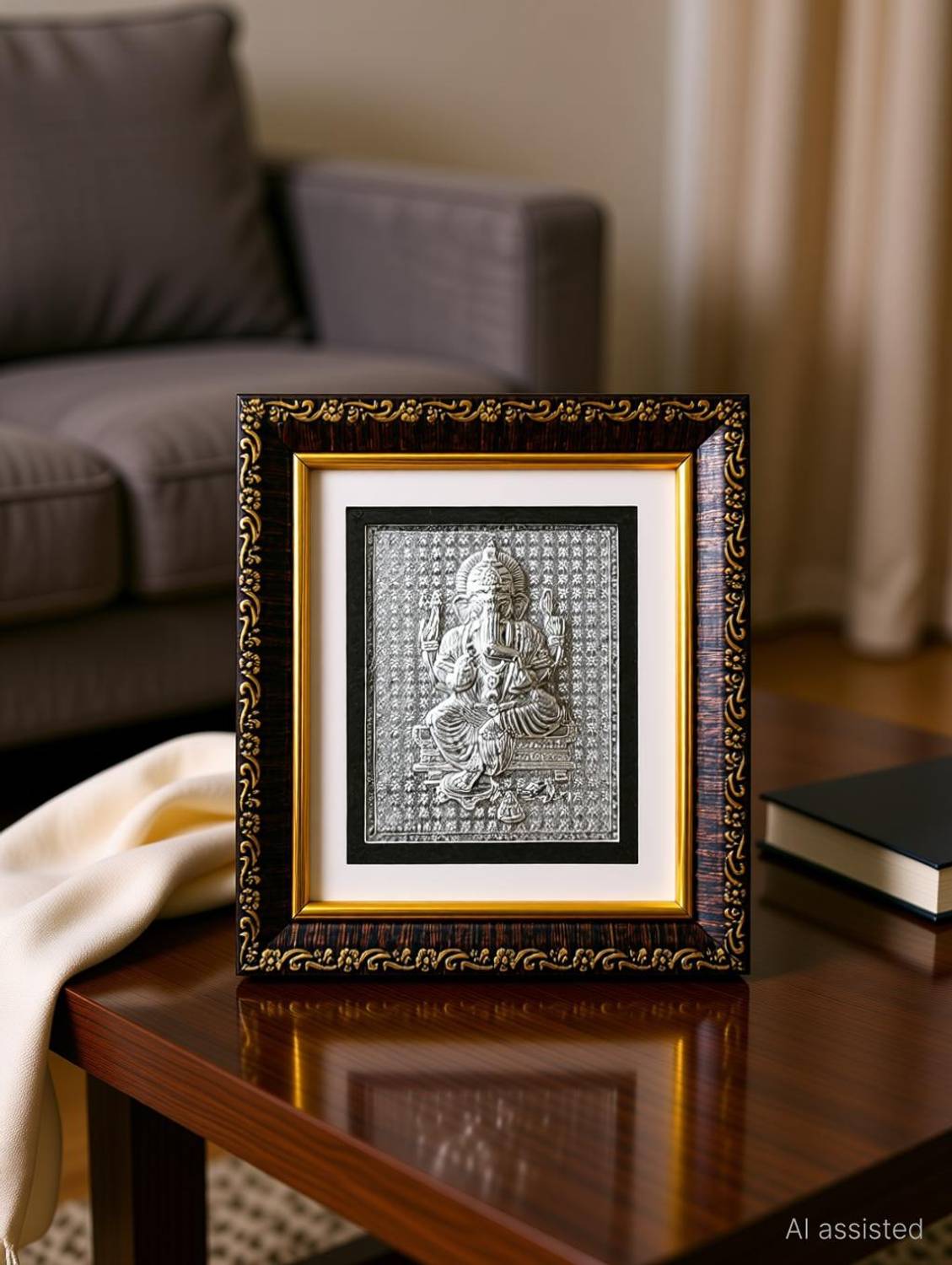 Signamio 999 Pure Silver Ganesha Photo Frame - Elegant Silver Gift for Pooja Room Decorative Showpiece - 14 cm