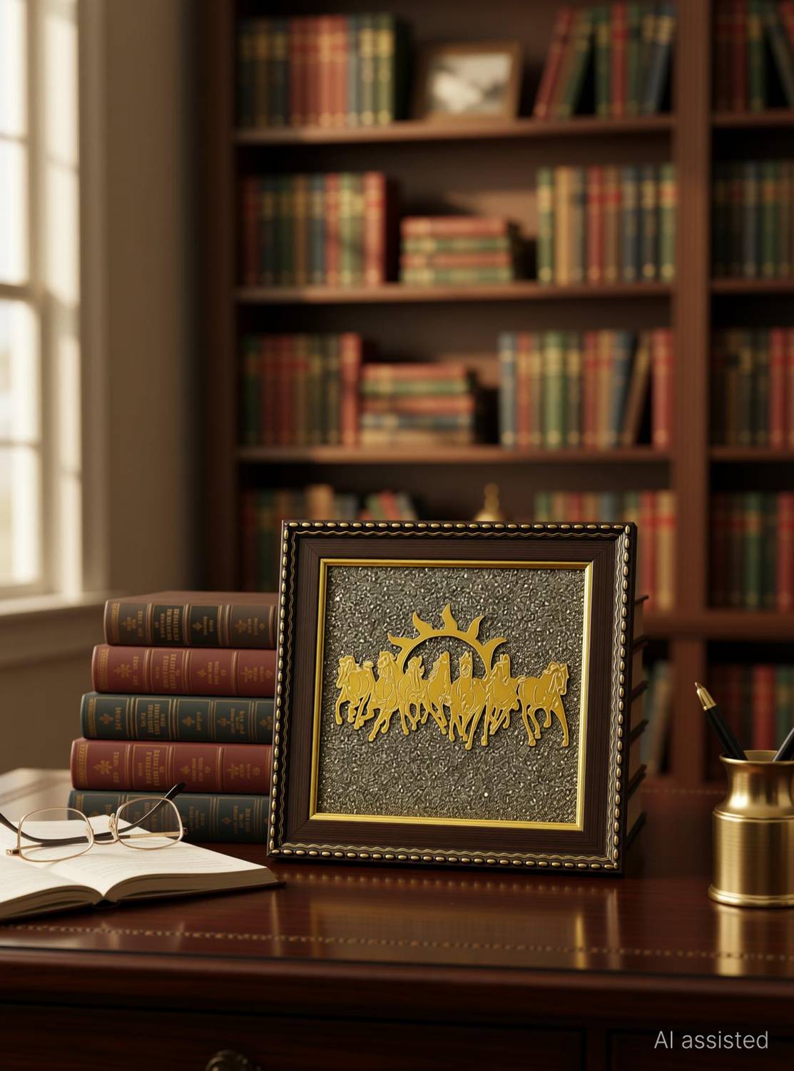 Brovion Art Raw Pyrite Seven Horses Frame Vastu Original Wall Decor Handcrafted Gift Decorative Showpiece  -  20 cm