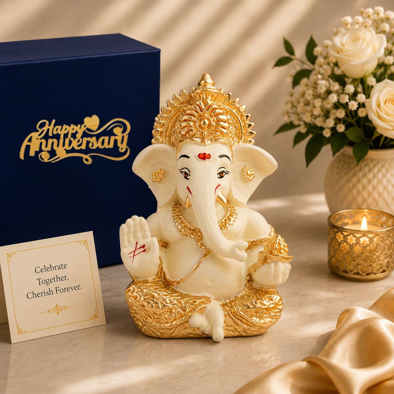 STARLIGHT Resin Ganpati Idol Cream, Gold Plated, Velvet Box, Bag & Anniv Tag Decorative Showpiece  -  5 cm