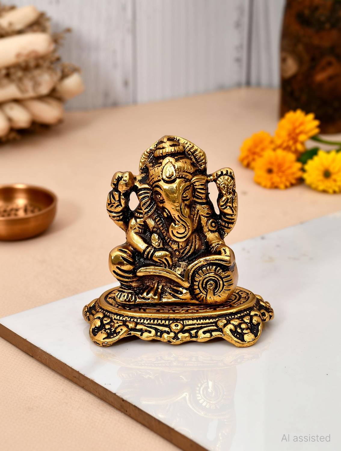 Ascension Designer Metal Lord Ganesha Statue Golden Brass Hindu God Ganesh Ganpati Sitting Idol Blessing Ganpati Sculpture for Home Diwali Puja Home decoration Festival Gifts Decorative Showpiece  -  7 cm