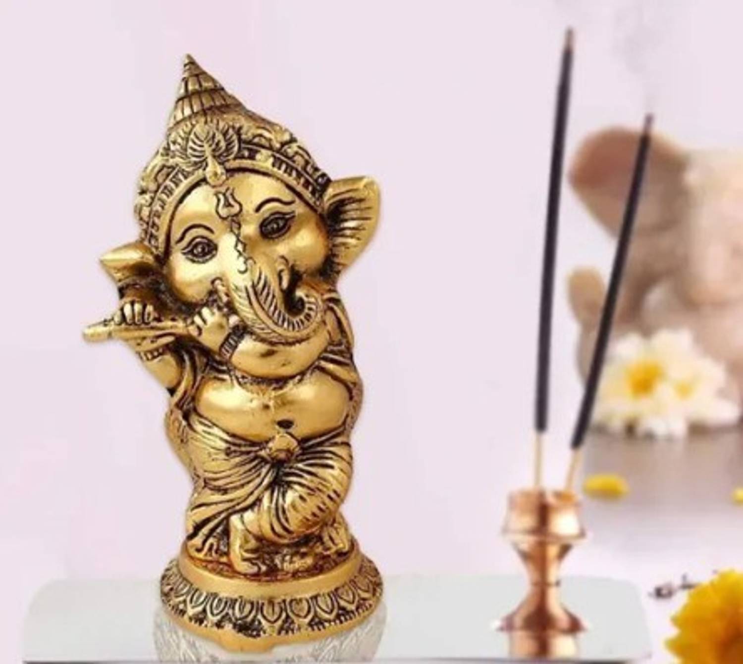 Chandra Art Collection Golden Finished Bansuri Ganesh Idol For Temple Home Decor Decorative Showpiece  -  16 cm