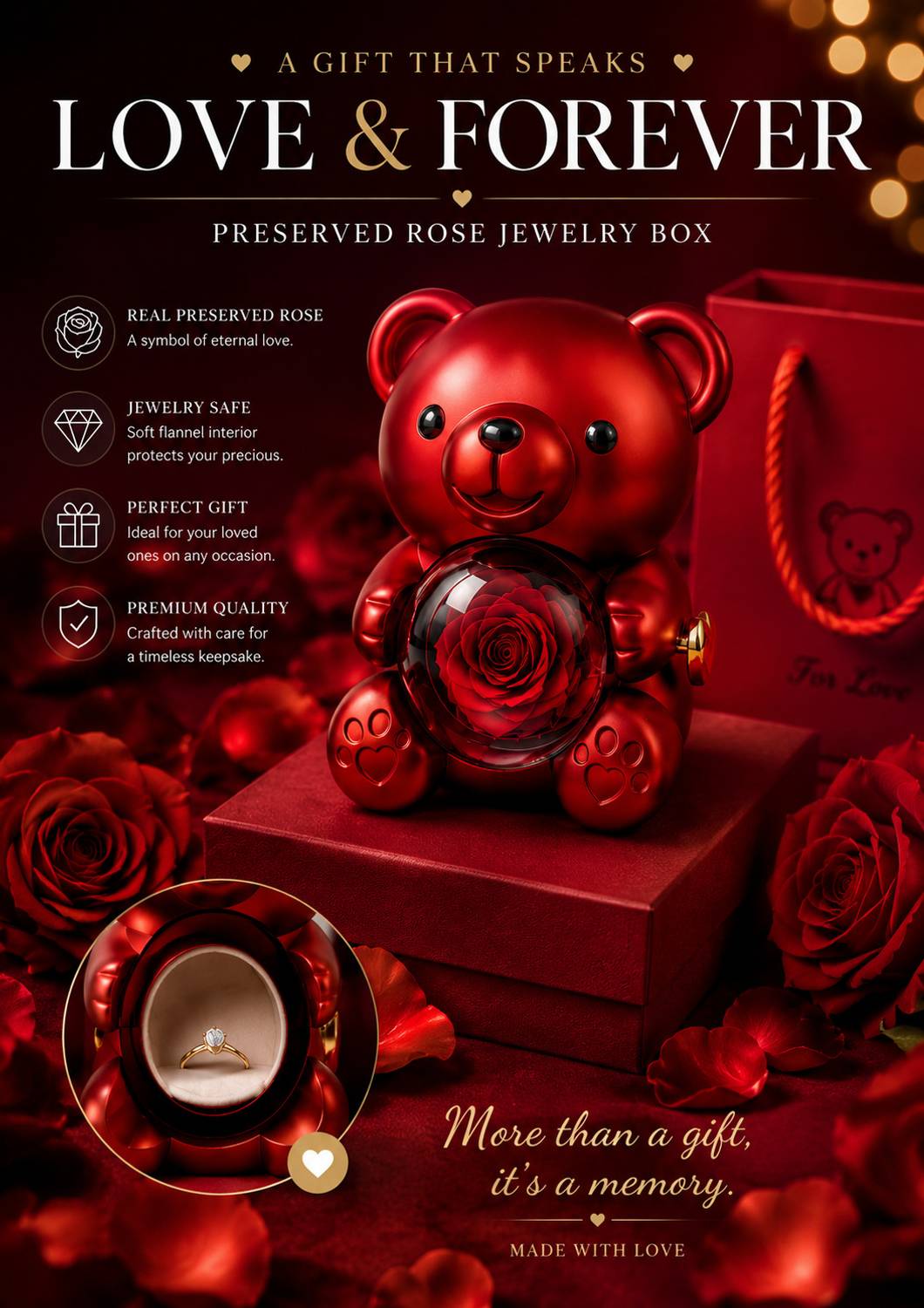 Gridcart Rose Bear Jewelry Box 14cm Red - Image 5