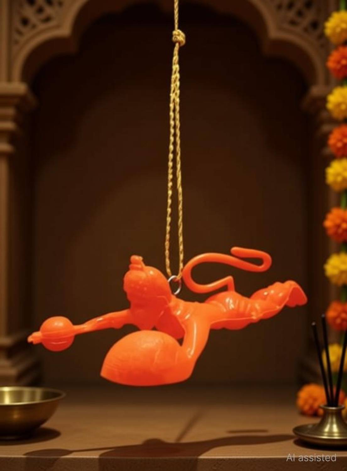 Blooming Faith Orange Flying Lord Hanuman | Bajrabgbali Hanging Idol for Car Decoration Decorative Showpiece Decorative Showpiece - 5 cm