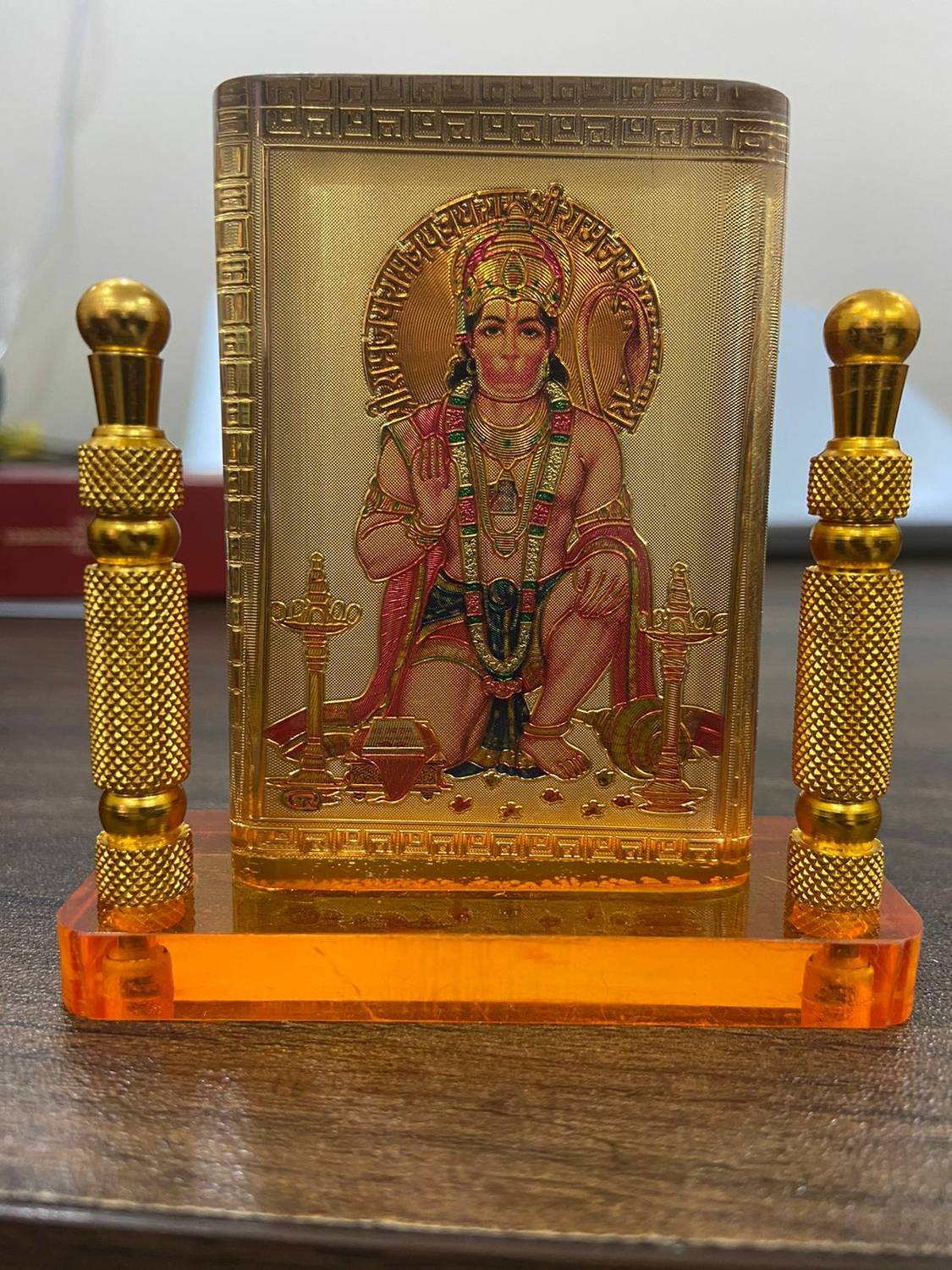 Ride2joy Golden Hanuman with pillar Idol for Car Dashboard & Office Gift Decorative Showpiece - 8 cm