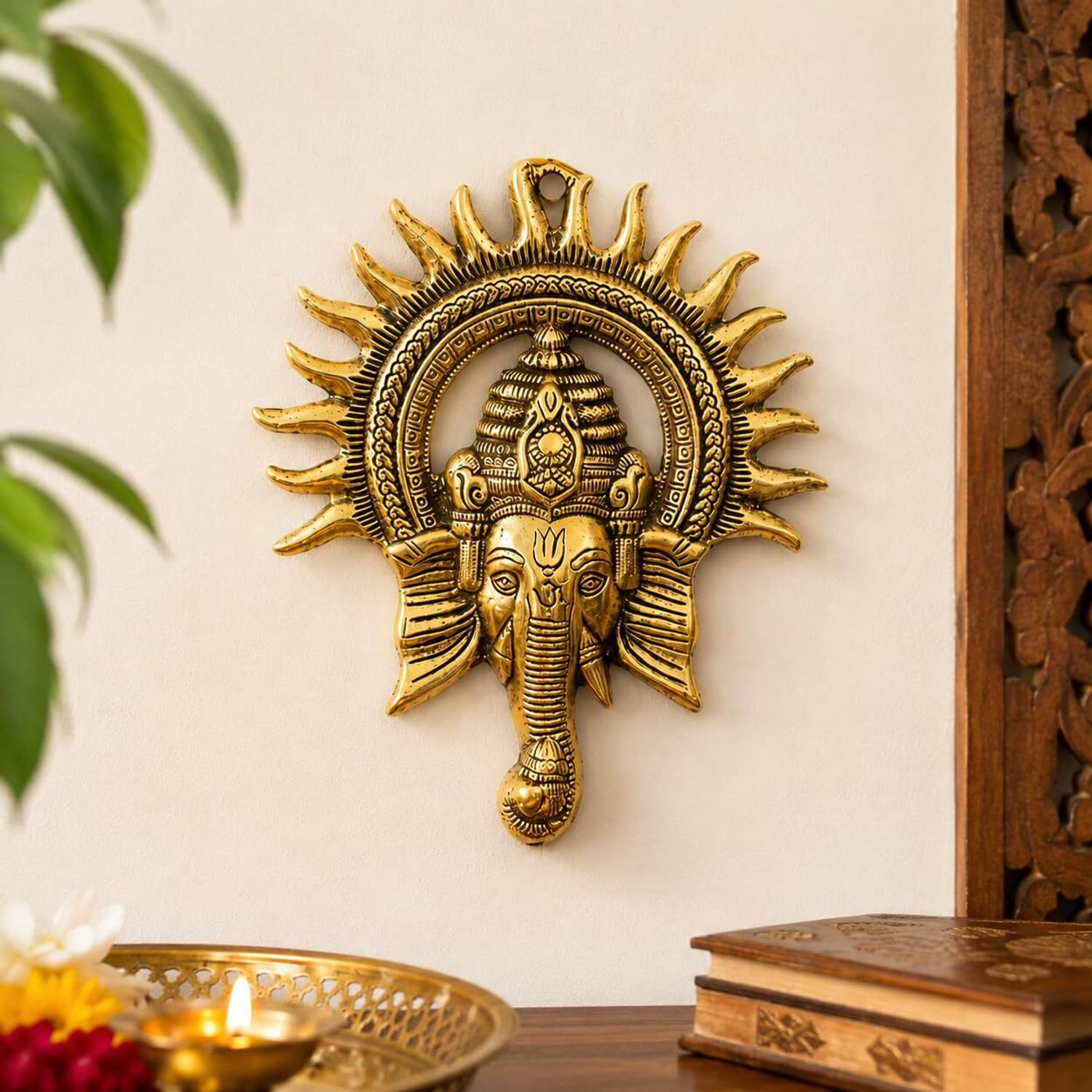 Artisyn Golden Lord Ganesha with Sun Decorative Metal Wall Hanging Decorative Showpiece  -  24 cm