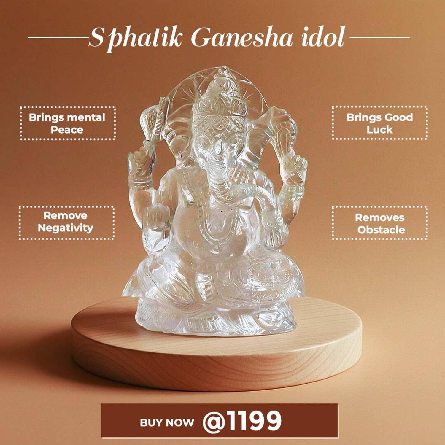 Evashu Sphatik / Clear Quartz Ganesh – Symbol of Clarity, Healing, and Decorative Showpiece  -  8 cm