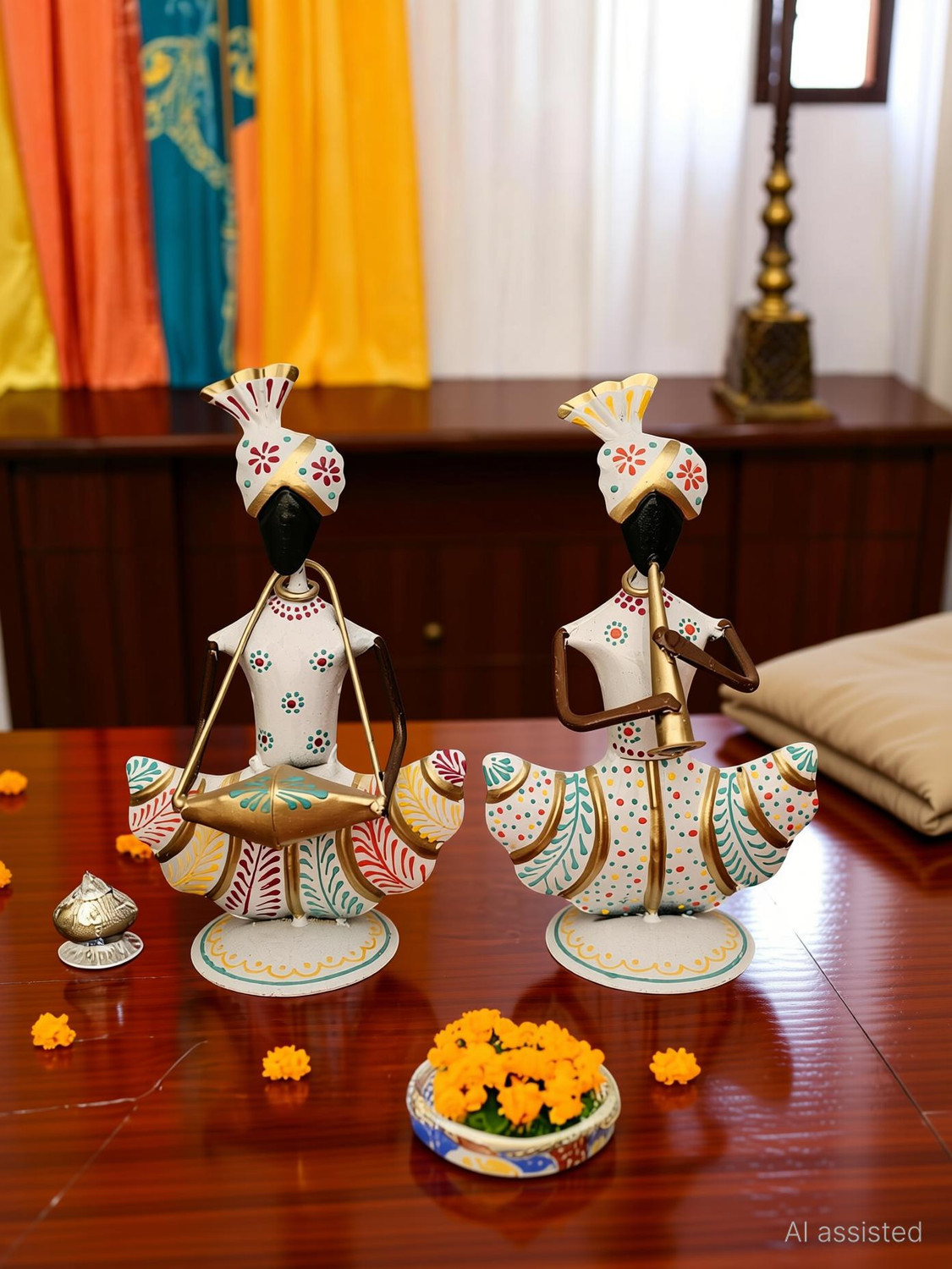 Image of Handicrafy White Metal Rajasthani Musician Pair Decorative Showpiece - 23 cm