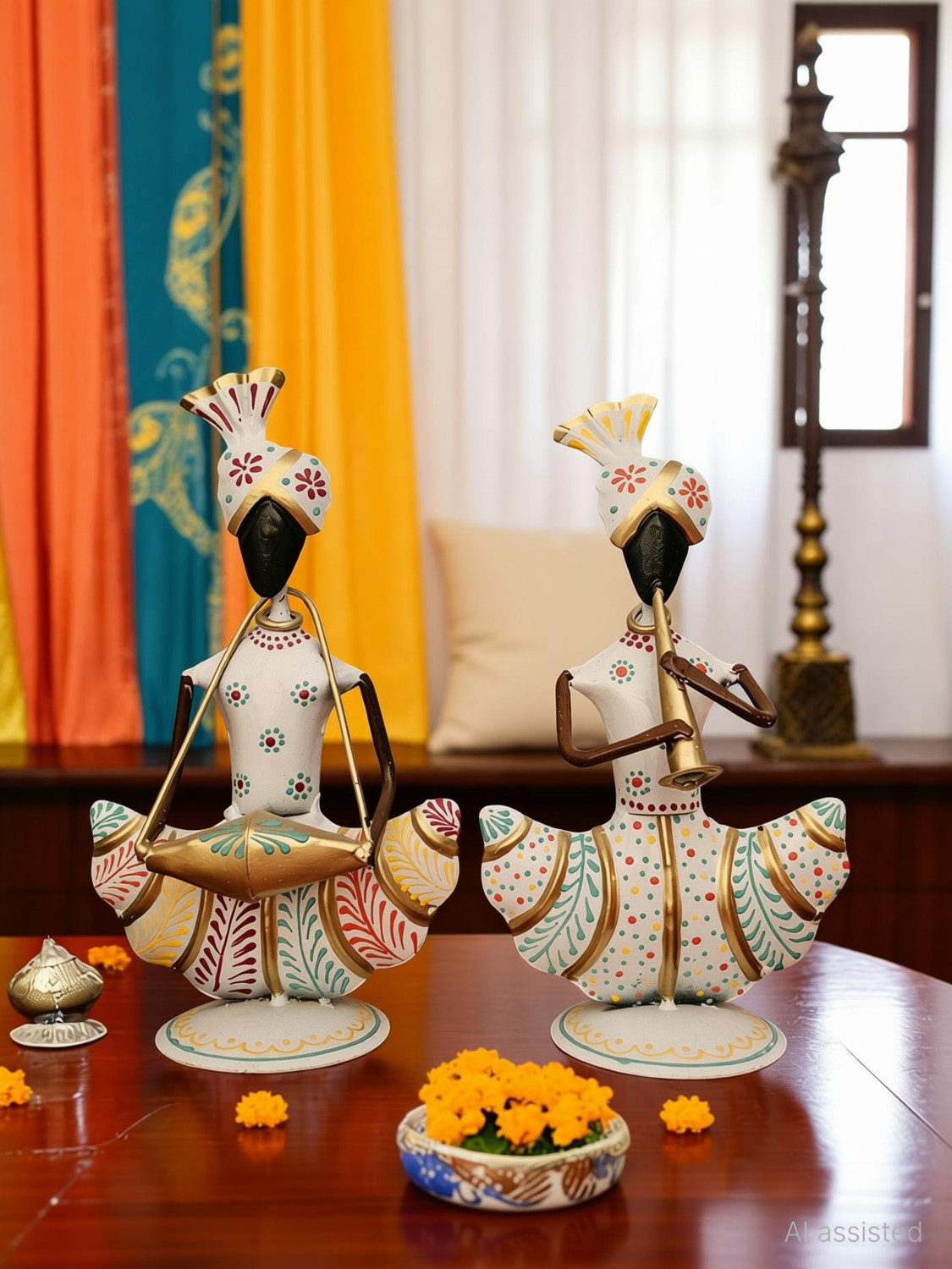 Image of Handicrafy White Metal Rajasthani Musician Pair Decorative Showpiece - 23 cm