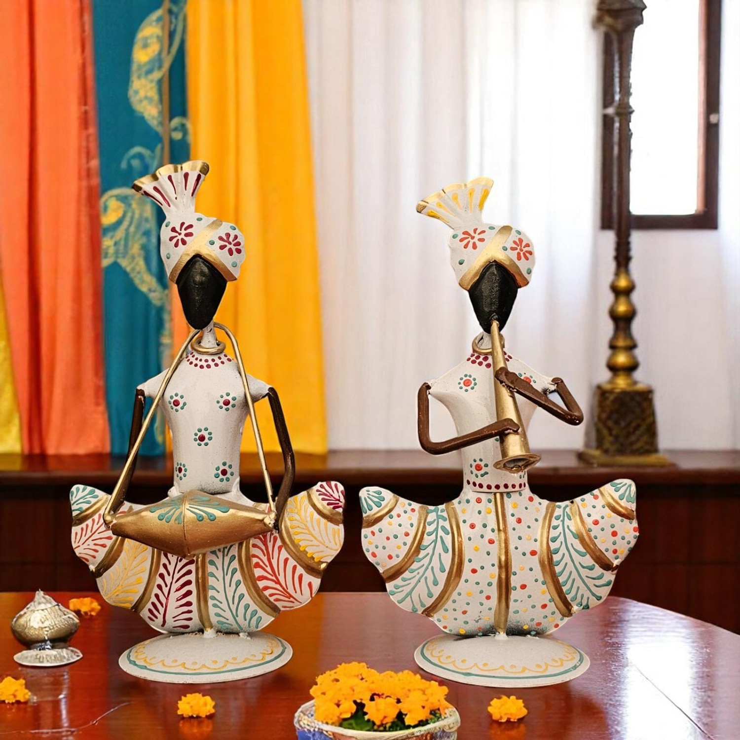 Image of Handicrafy White Metal Rajasthani Musician Pair Decorative Showpiece - 23 cm
