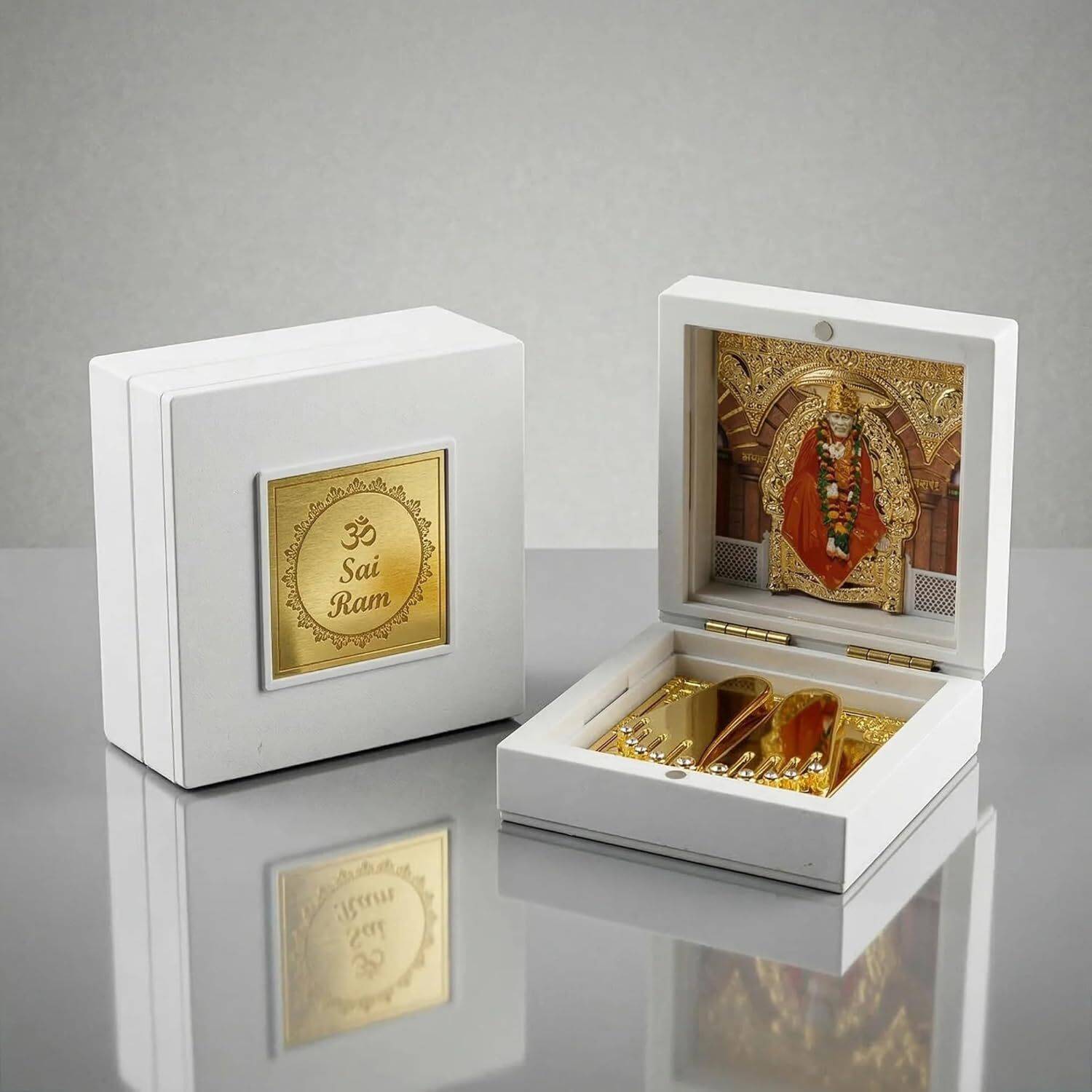DIVYA SOLITAIRE (Sai Baba Charan Box – Portable Samadhi (3x3 Inch, White) Decorative Showpiece - 7.5 cm