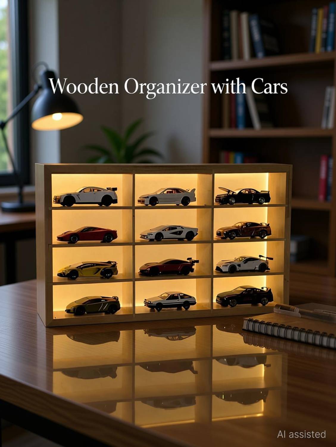 Fancy Things 12 Slot LED Wooden Display Shelf with 12 Cars - Image 1