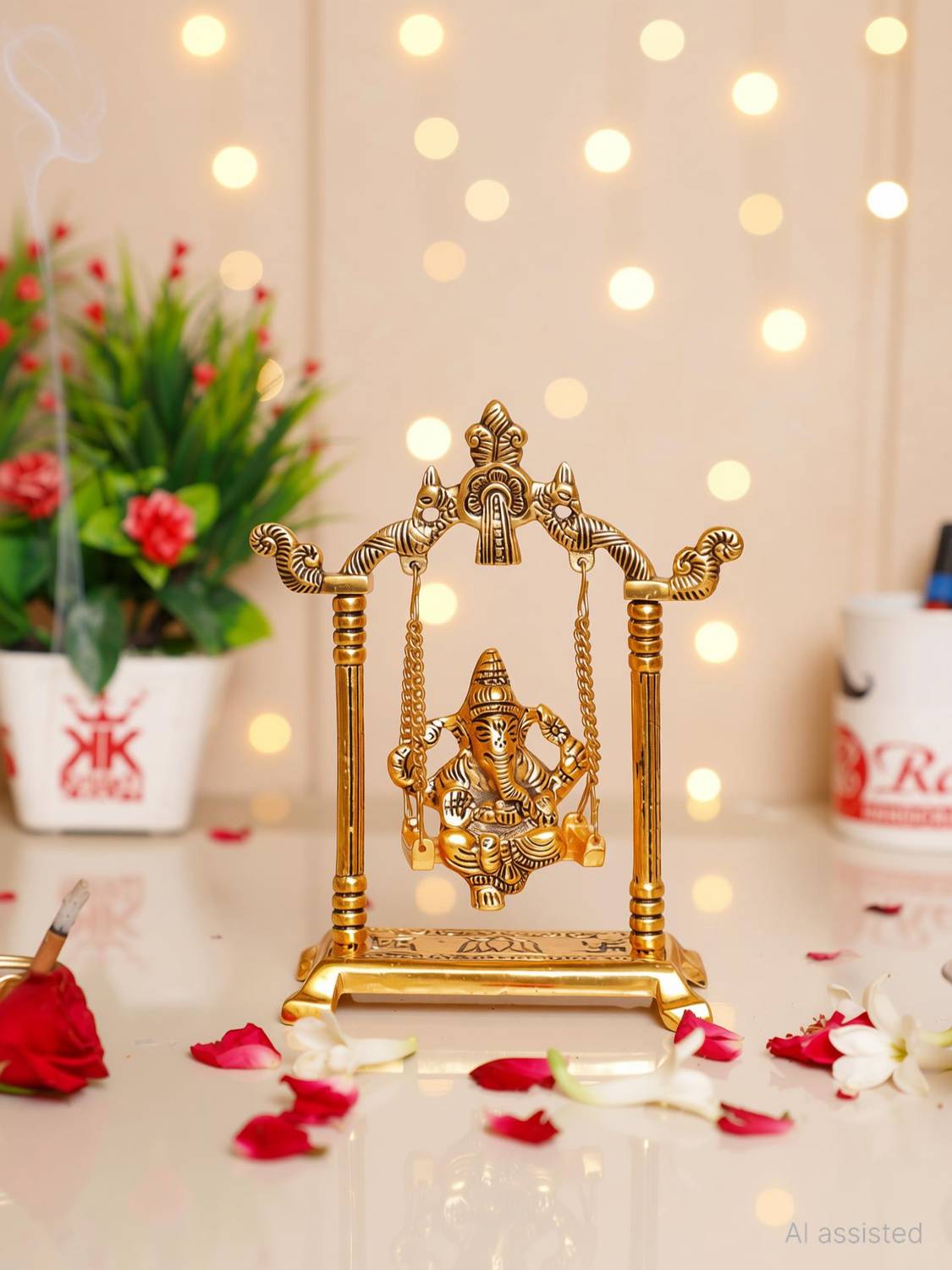 KridayKraft Ganesh ji jhula idol ,Ganpati murti on Swing jhula for Temple Pooja, Ganesha Metal Statue Table Decorative Home,Office & Gift your Relatives,Religious Showpiece Figurines Gift Article... Decorative Showpiece - 20 cm