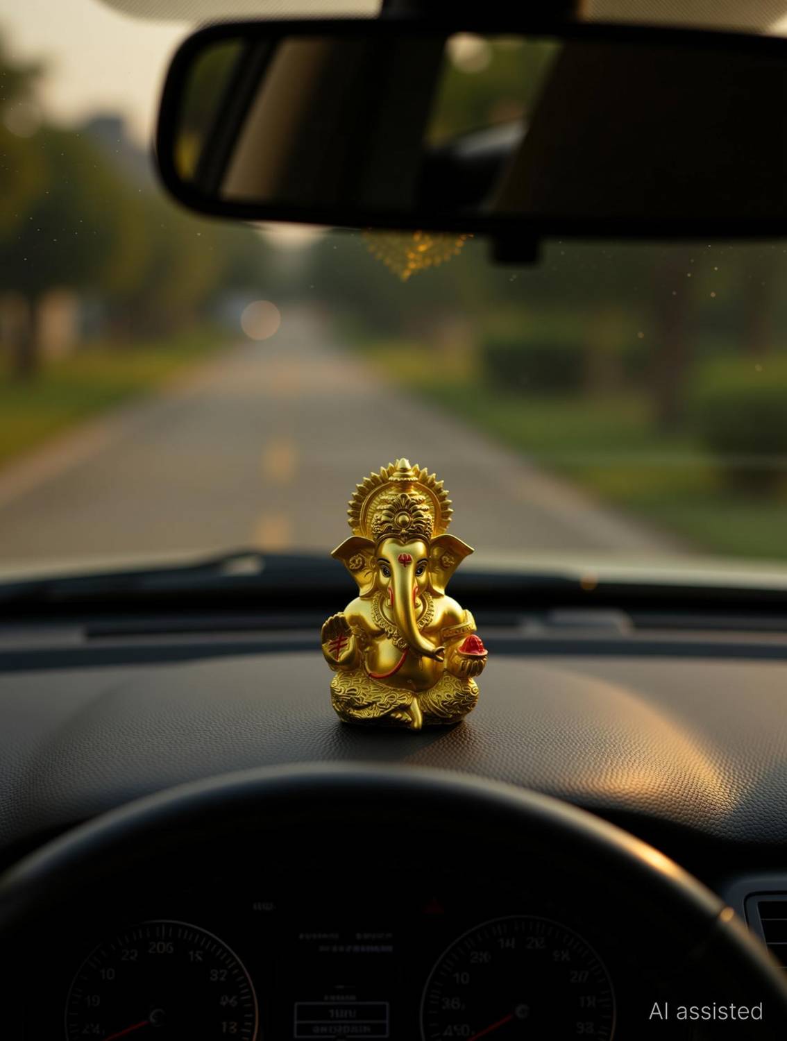 Vivaan Exim Golden Ganesh Ji Resin Idol for Car Dashboard – 3.5 Inch Decorative Showpiece - 9 cm