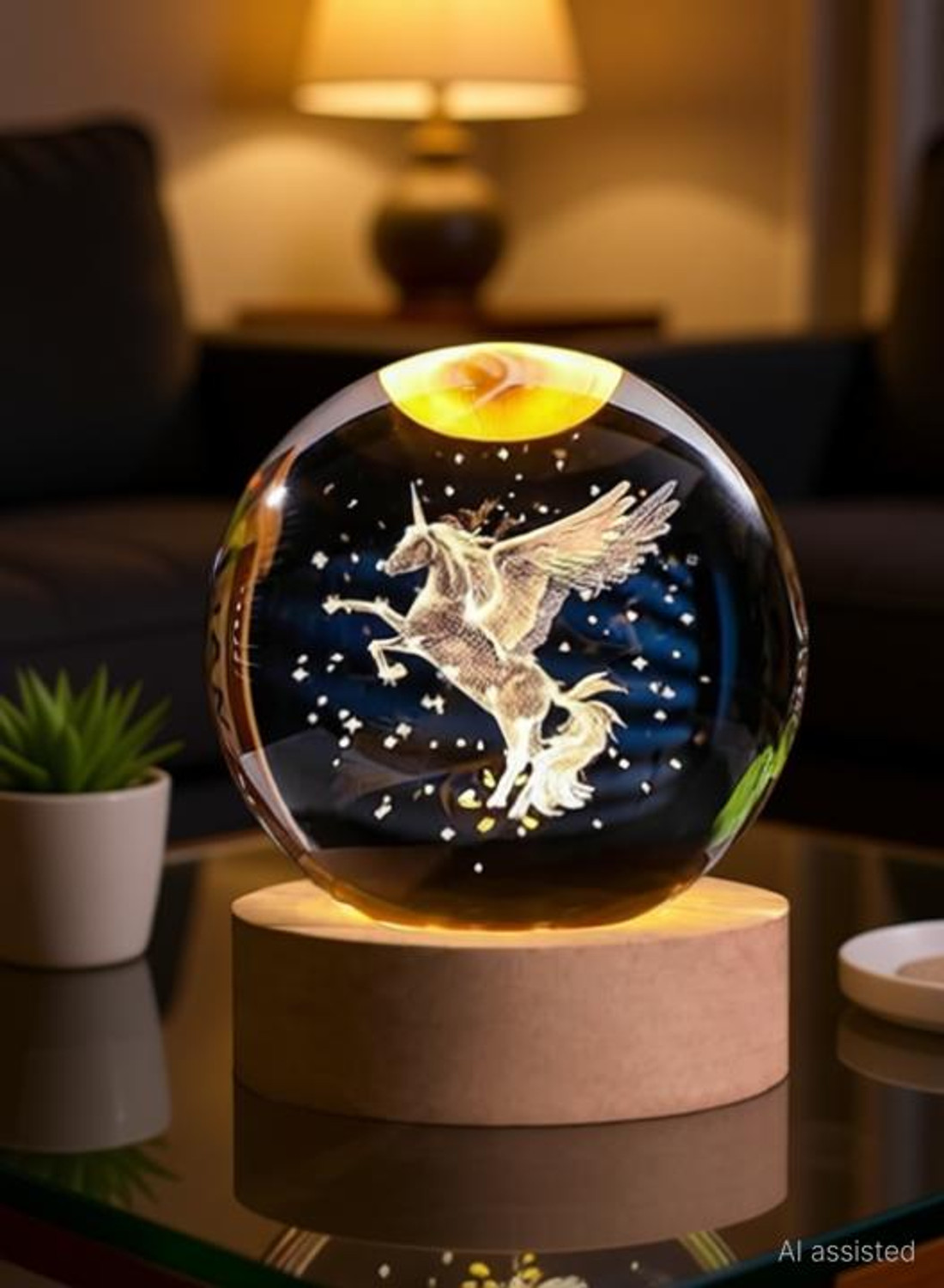 Image of MSNB Horse Crystal Ball Night Lamp | Galaxy LED Ball with Wooden Base | 3D Design Decorative Showpiece - 7 cm