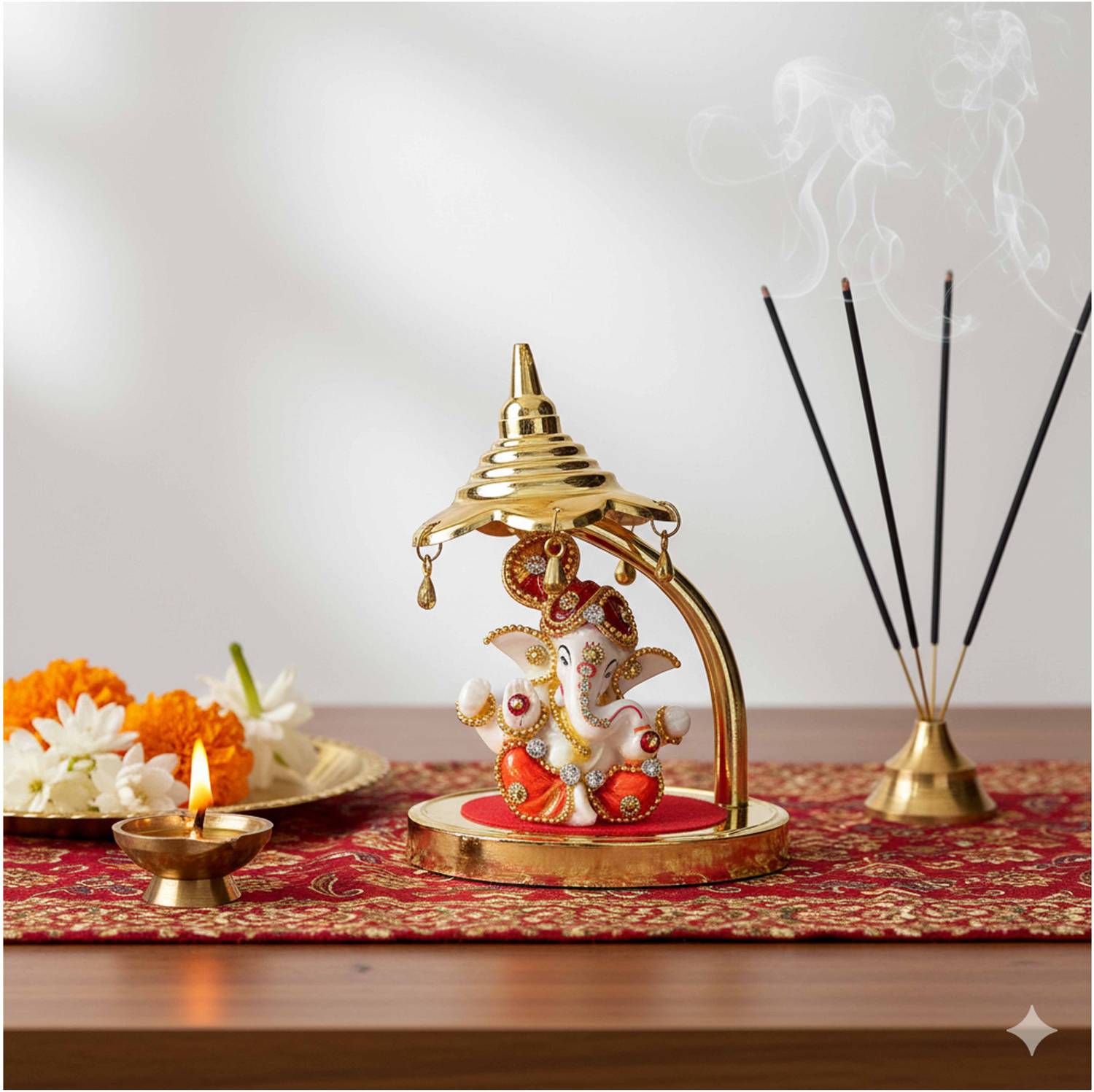 PRIMEFAIR Marble Figurine with Golden Mukut, Traditional Decor for Car Dashboard Decorative Showpiece - 12 cm