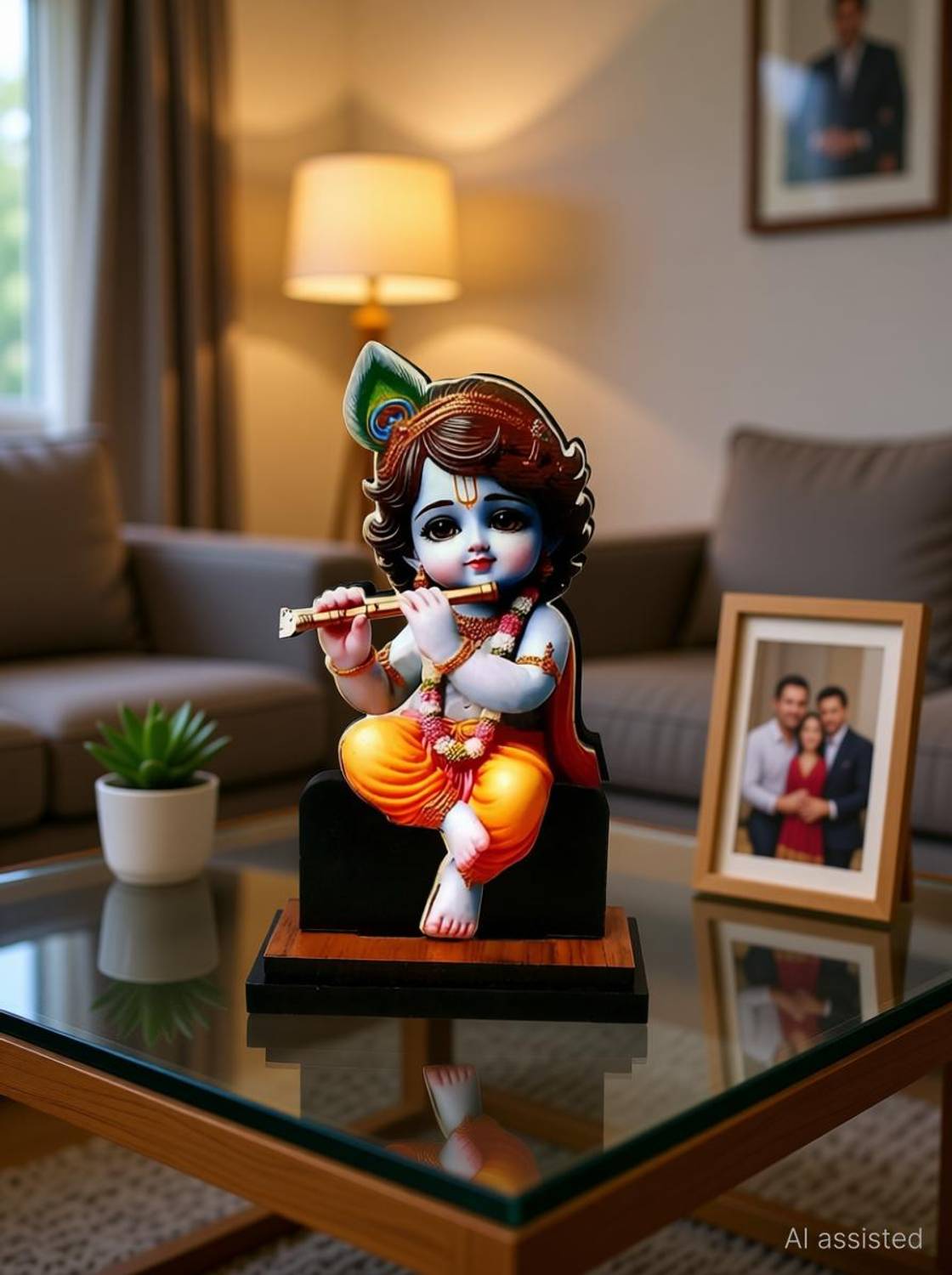 Adhvik Mdf Cutout Bal Krishna/kahna/kanhaiya 2d Wooden Sticker Car Dashboard God Stand Decorative Showpiece  -  10 cm