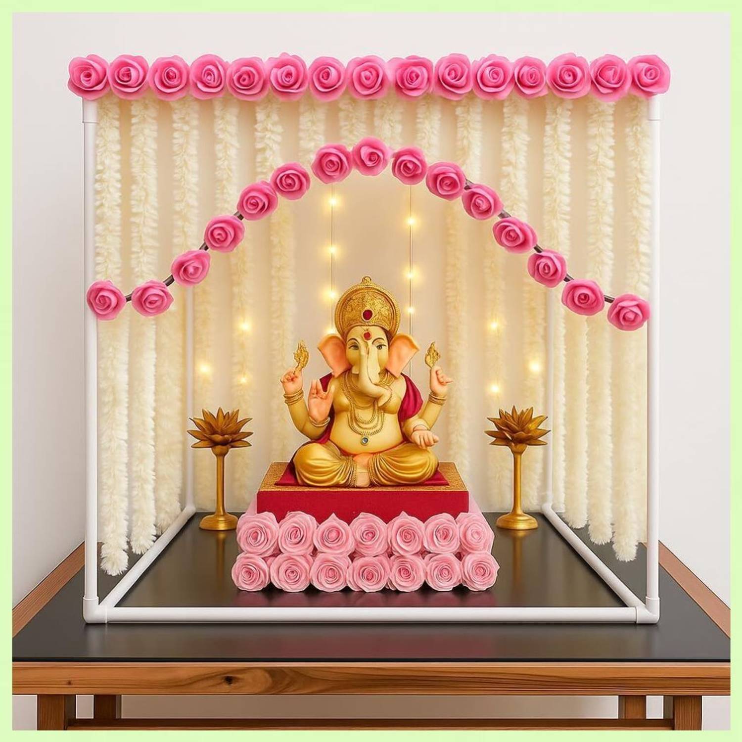wolfeye Ganesh Mandap Stand for Idol | White Pipe Decorative Mandap for Ganpati Murti Decorative Showpiece - 16 cm