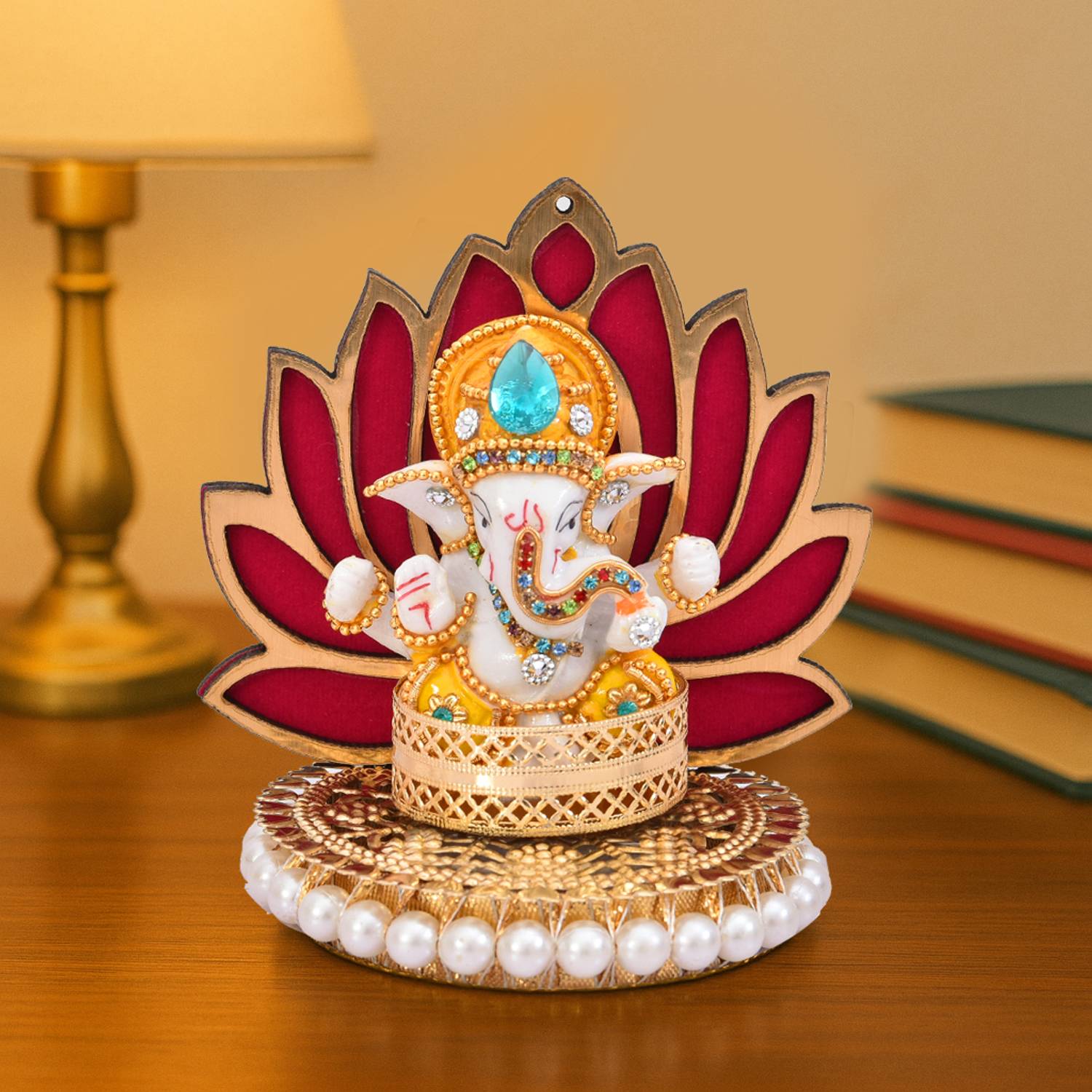 UniqueArt Ganesha Idol with Lotus back with beads base Decorative Showpiece - 7 cm