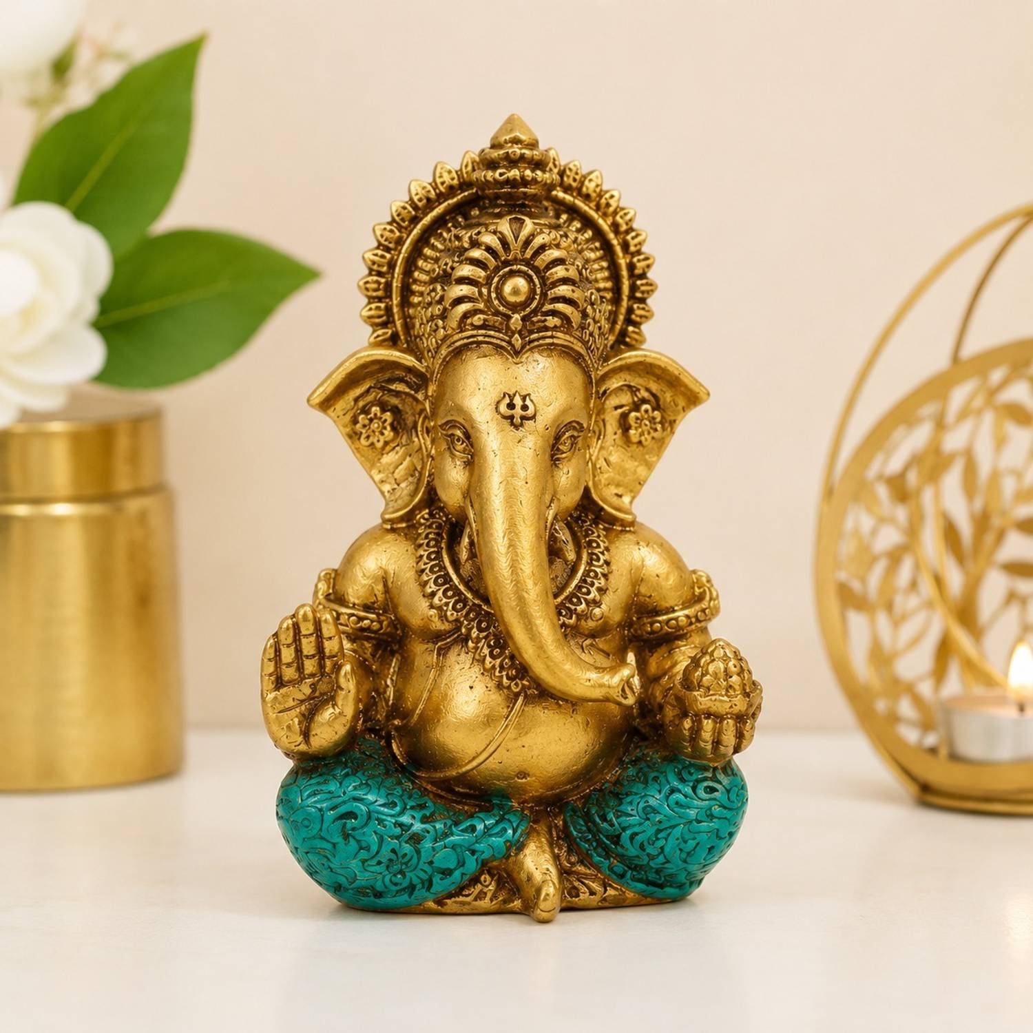 RISA TRADERS Lord Ganesha Idol Golden Ganpati Murti for Home Office Car Decor Decorative Showpiece - 10 cm