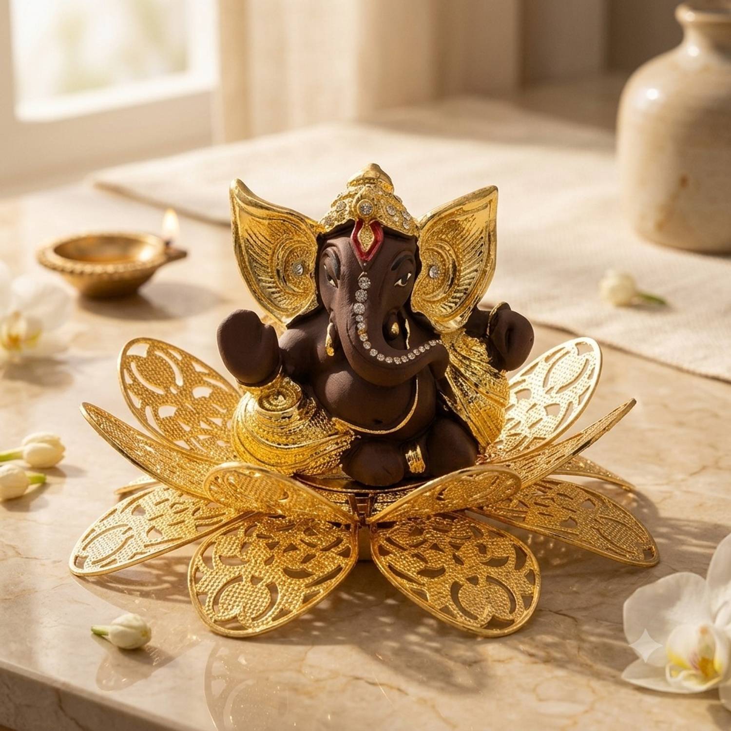 Cherry Chime Gold Plated Ganesh Idol with Box Ganpati Murti for Pooja Home Decor Diwali Gift Decorative Showpiece - 10 cm