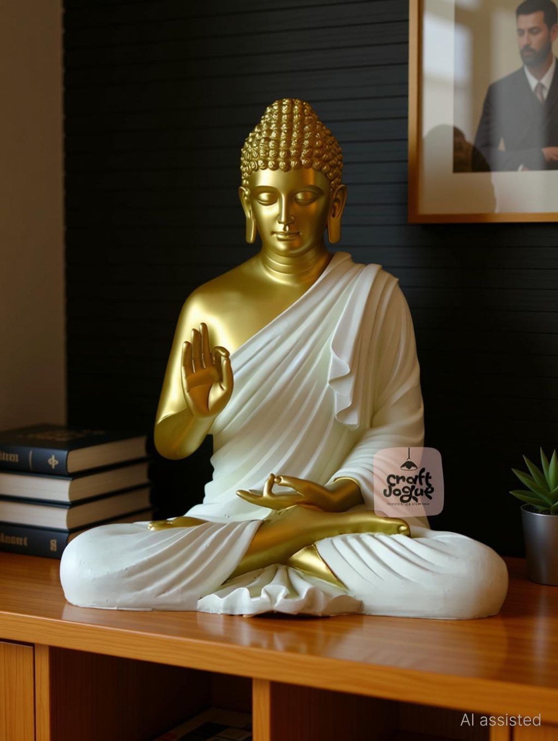 Image of Vihaan Creation Buddha Statue, Gold and White, 15 Inch Sitting Position Decorative Showpiece - 38 cm