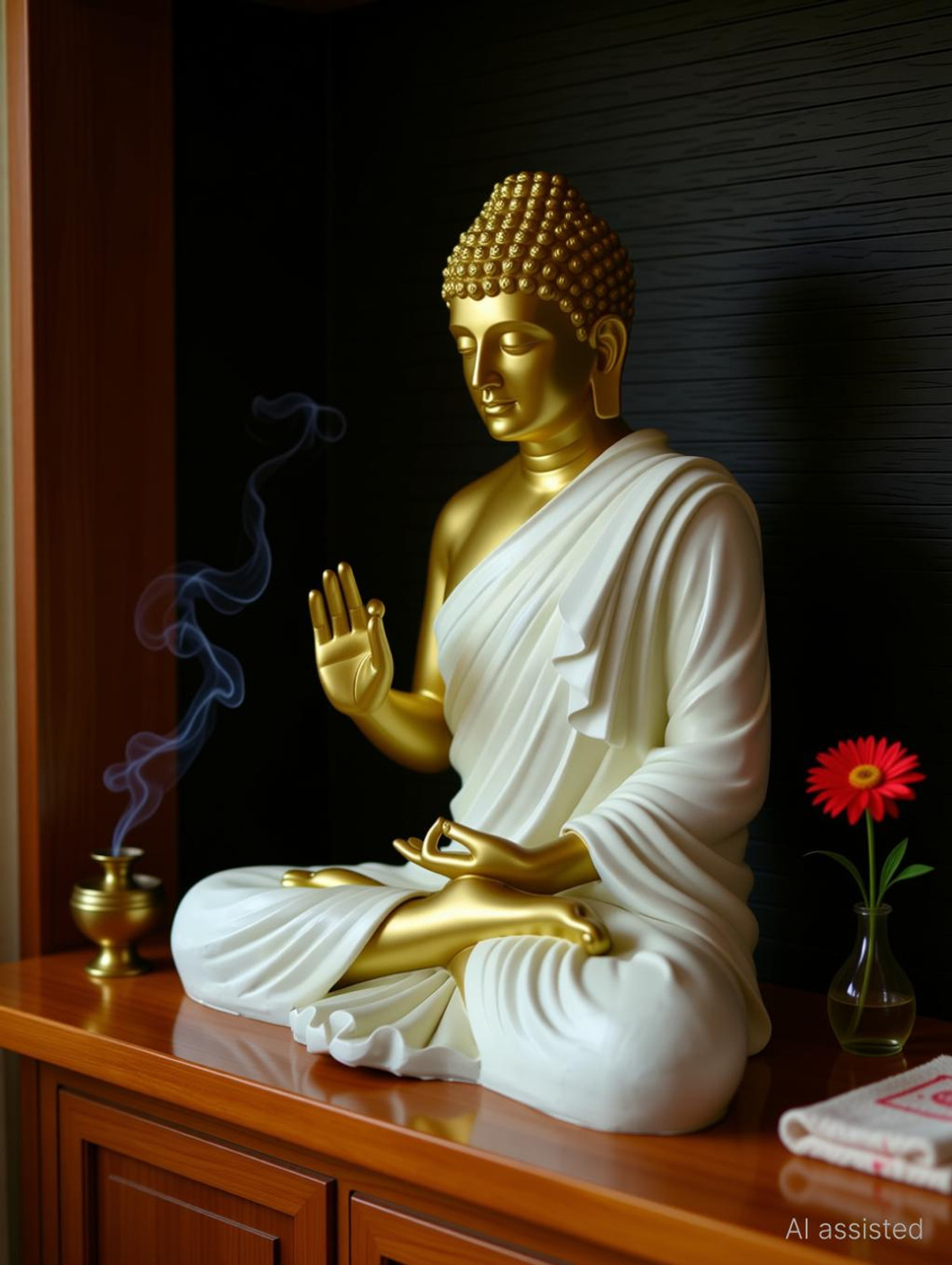 Image of Vihaan Creation Buddha Statue, Gold and White, 15 Inch Sitting Position Decorative Showpiece - 38 cm