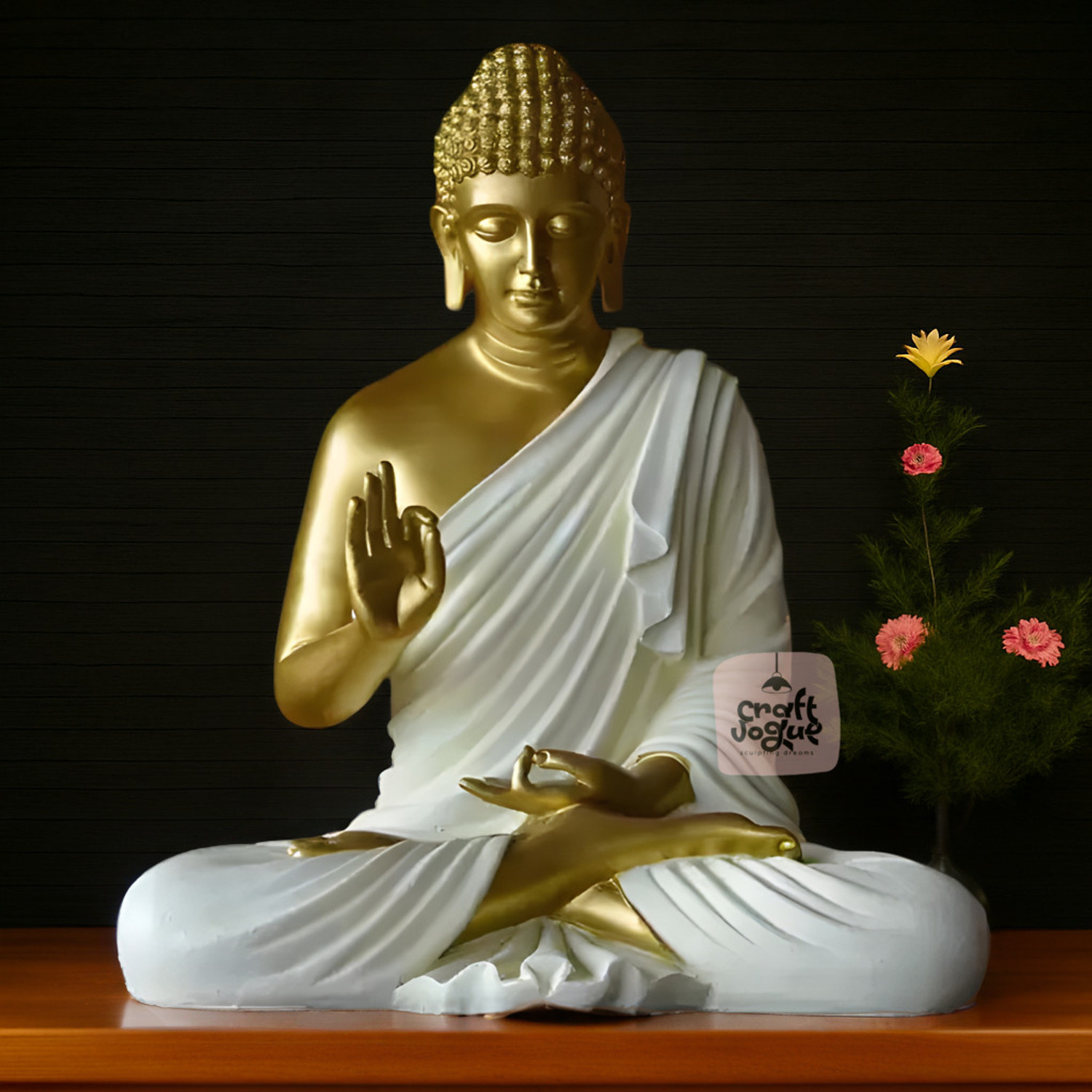 Image of Vihaan Creation Buddha Statue, Gold and White, 15 Inch Sitting Position Decorative Showpiece - 38 cm