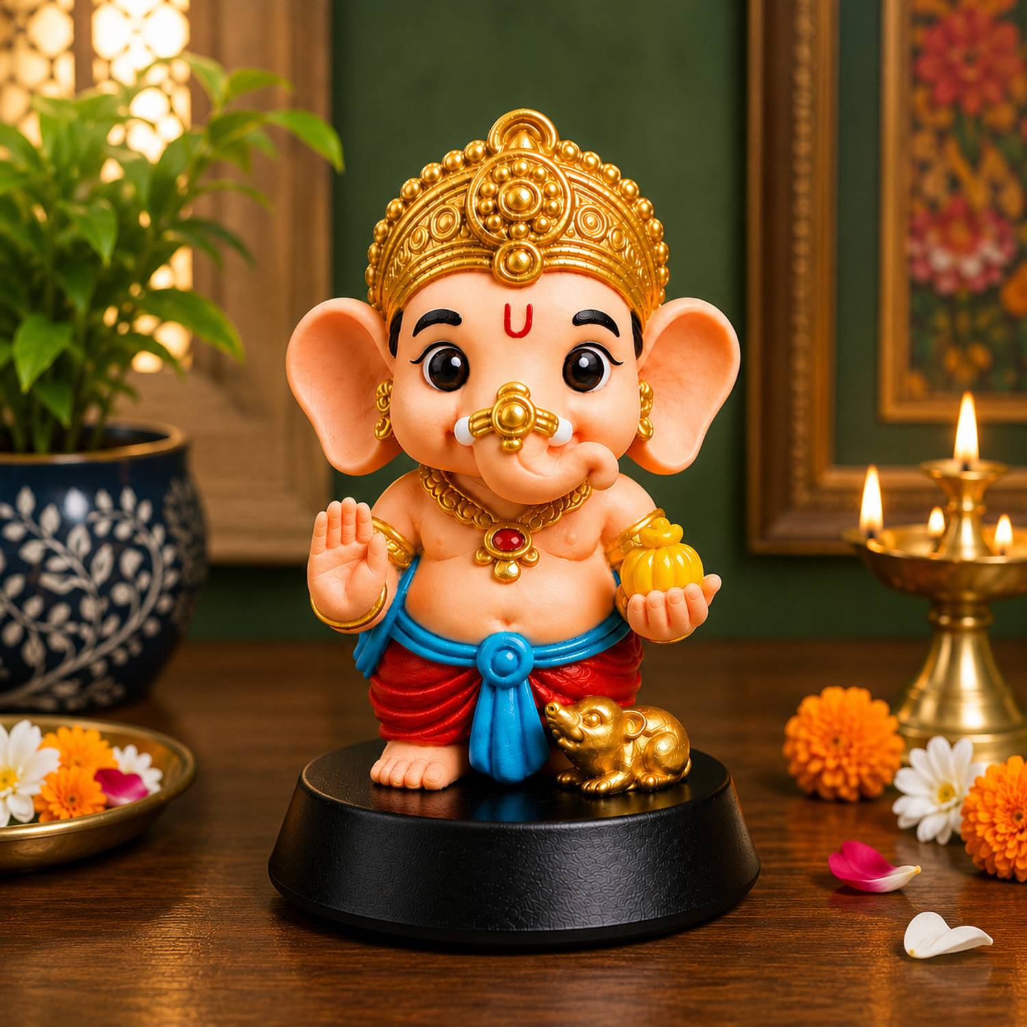 The Happy Station Ganpati Bappa Idol for Car Dashboard Temple Decor Gift Resin Statue 10cm Decorative Showpiece - 10.2 cm